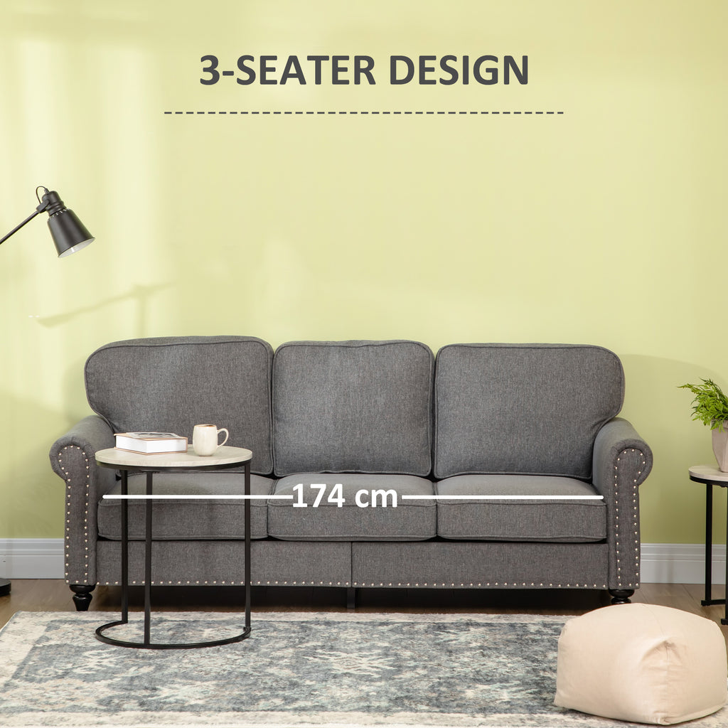 3-Seater Sofa Couch, 81" Modern Upholstered Linen Fabric Sofa with Rubberwood Legs, Nailhead Trim and Rolled Arms for Living Room, Bedroom and Apartment, Grey