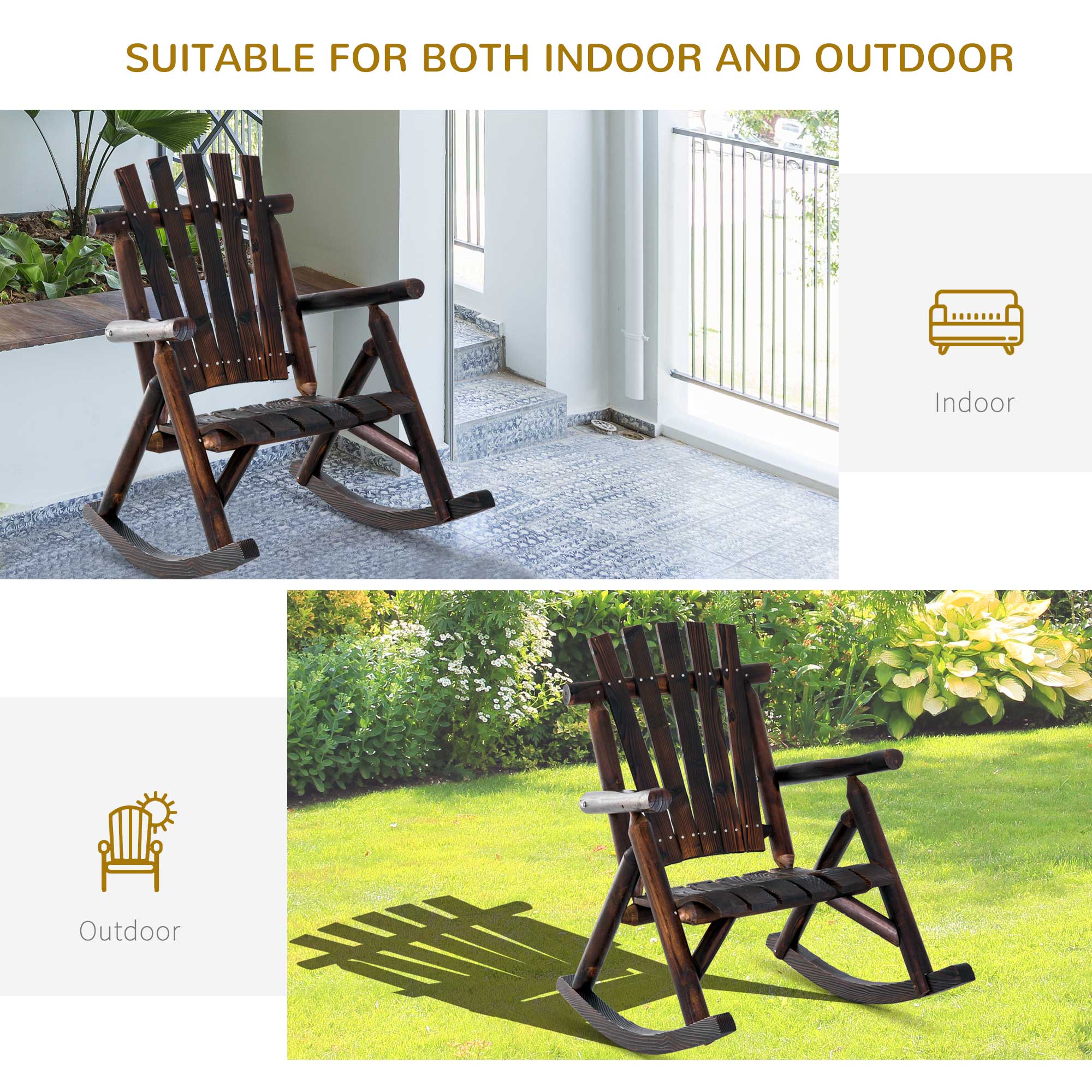 Outdoor Rocking Chair, Wooden Adirondack Outdoor Rocker with High Back, Slatted Seat, Oversized Rustic Patio Rocking Chair for Garden, Porch, Yard, Balcon, Dark Carbonized
