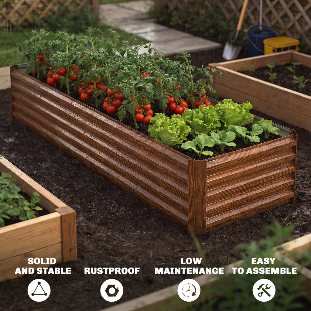 8'x2.6'x1.5' Galvanized Raised Bed, Large Elevated Planter Box for Growing Flowers, Herbs and Vegetables, Wood Effect