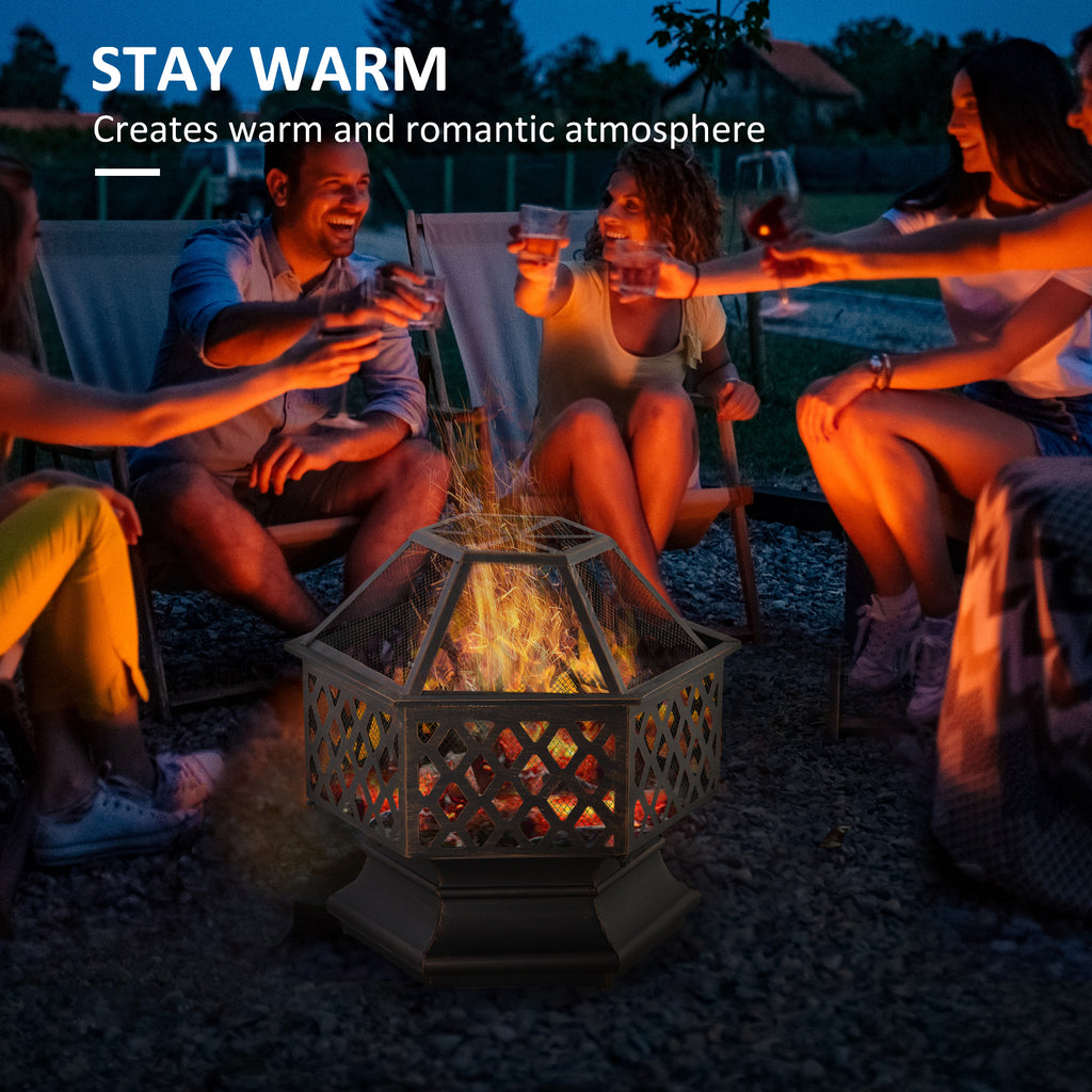 24.5" Outdoor Fire Pit with Mesh Lid, Portable Wood Burning Firebowl with Poker for Patio, Backyard, Bronze