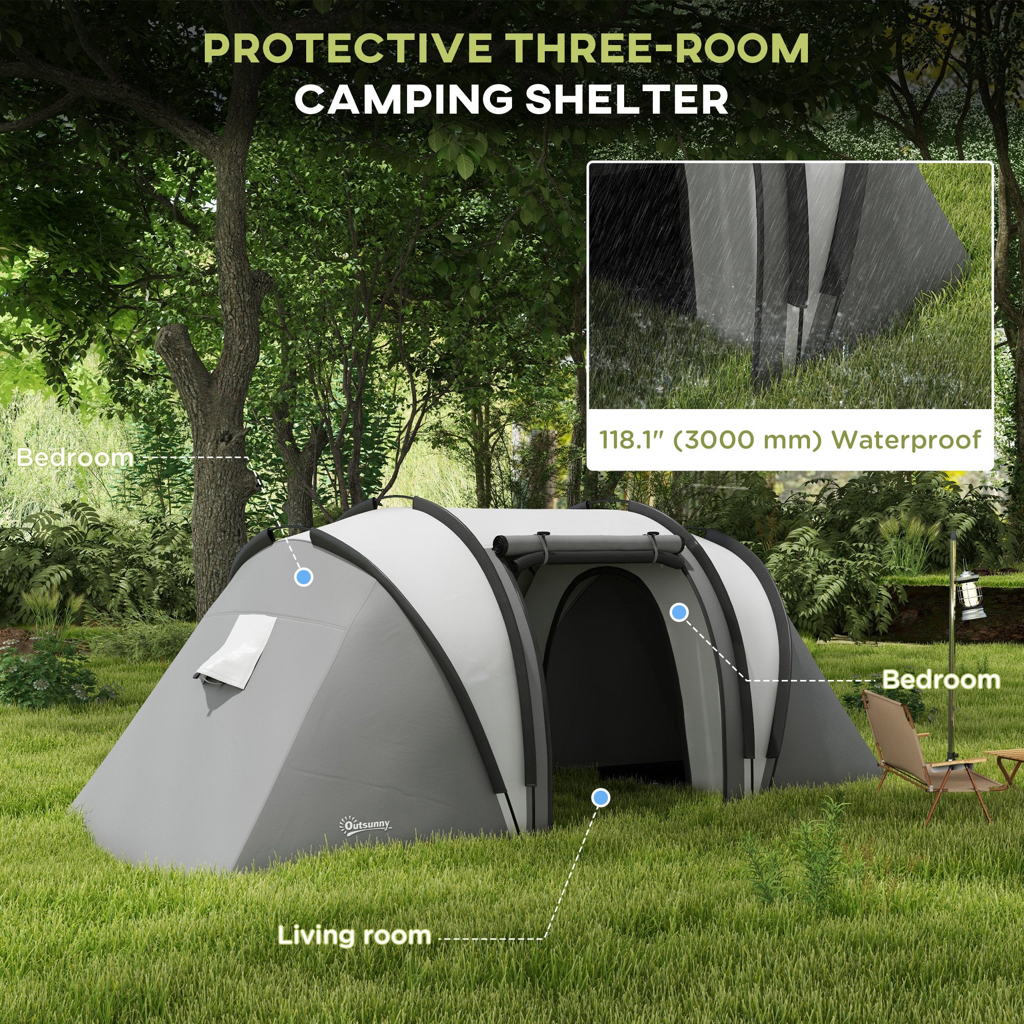 Camping Tent with 2 Bedrooms and Living Area, 3000mm Waterproof Family Tent, for Fishing Hiking Festival, Grey