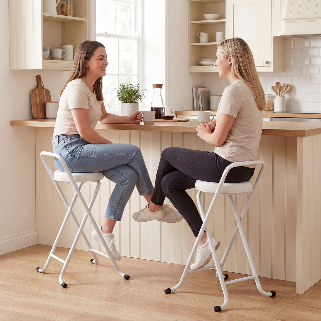 Foldable Bar Stools Set of 2, Folding Kitchen Chairs with PU Cushioned Seat, Footrest, White