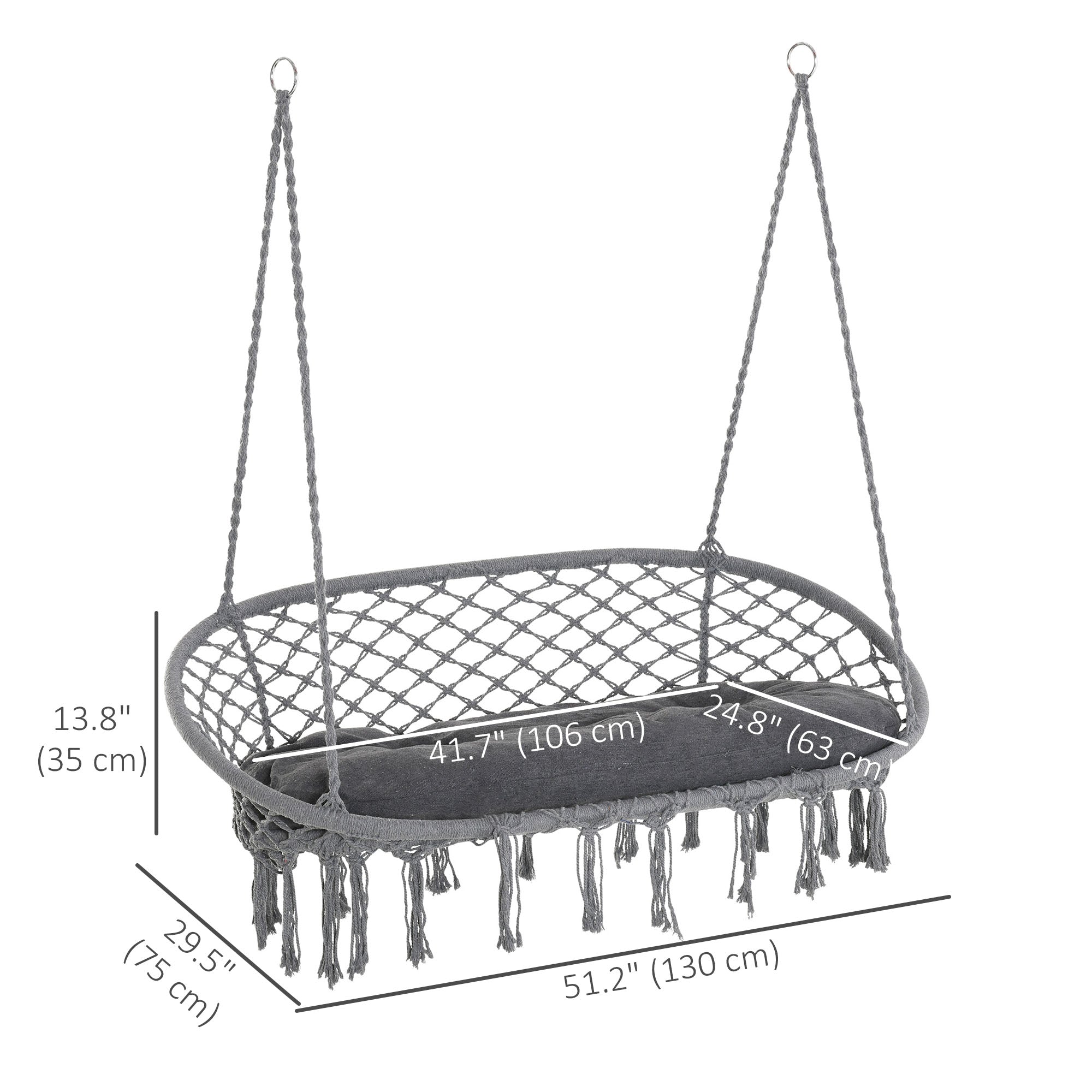 Patio Hammock Chair 2 Seat, Hanging Rope Hammock Swing Chair with Metal Frame and Cushion, Large Macrame Seat for Indoor and Outdoor 396 lbs Capacity, Dark Grey