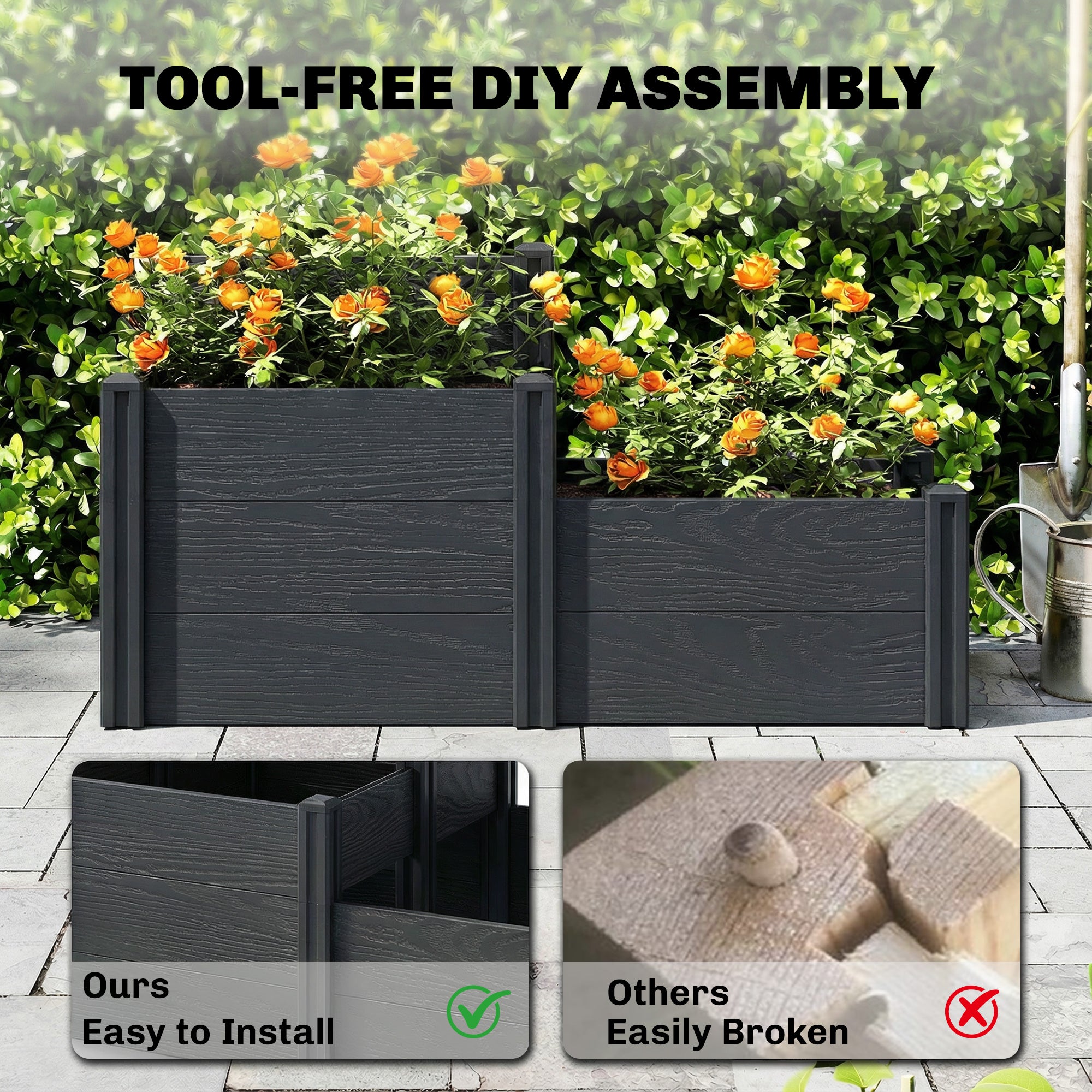 Vinyl Raised Garden Bed Kit, 3-Tier Elevated Garden Box with Open Bottom, DIY Assembly, Grey Wood Effect