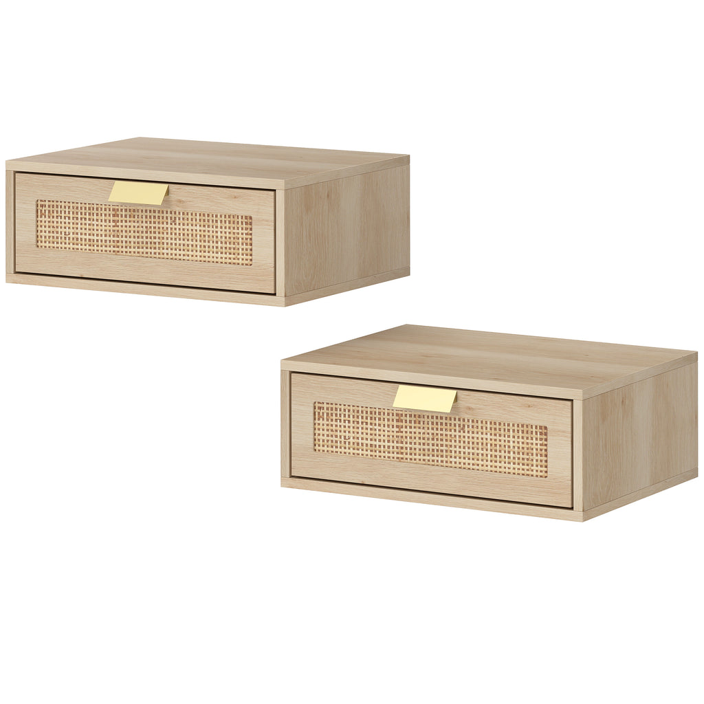 Floating Bedside Tables Set of 2, Wall Mounted Nightstands with Rattan Drawer and Wood Effect, Oak
