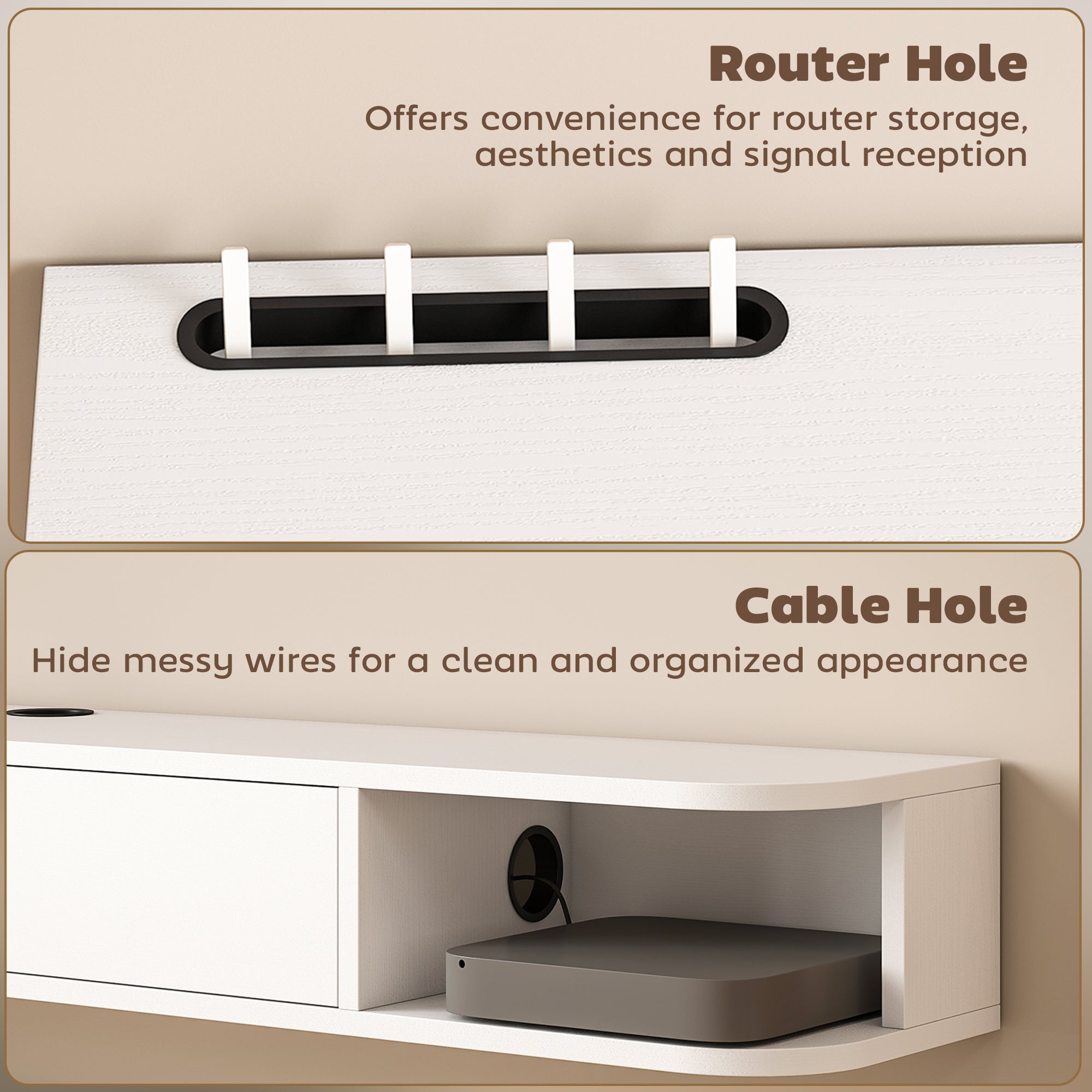 55" Floating TV Stand for TVs up to 60 Inch, Wall Mounted Media Console with Flip Drawer and 2 Open Shelves, White