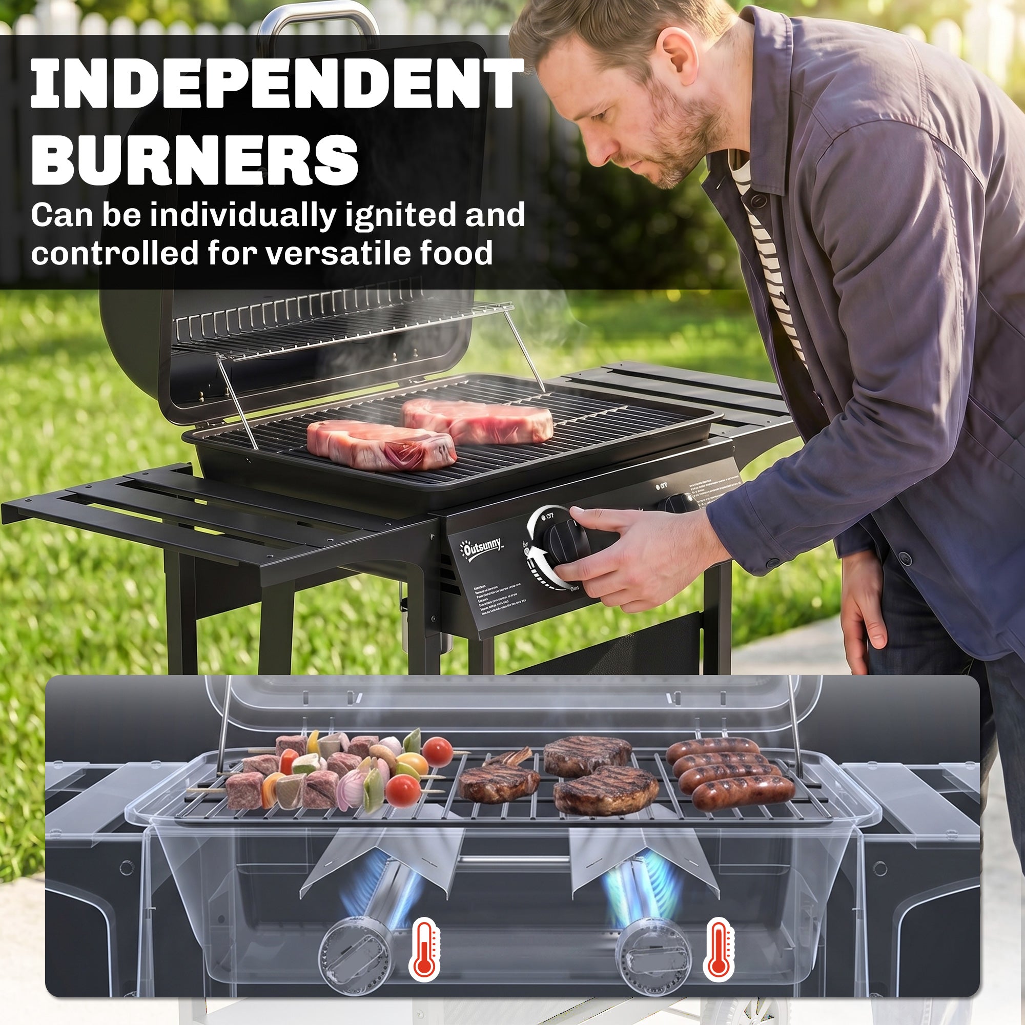 2-Burner Propane Gas Grill, 18000 BTU BBQ Grill with Wheels, Warming Rack, Shelf, Thermometer, Grease Cup, Black