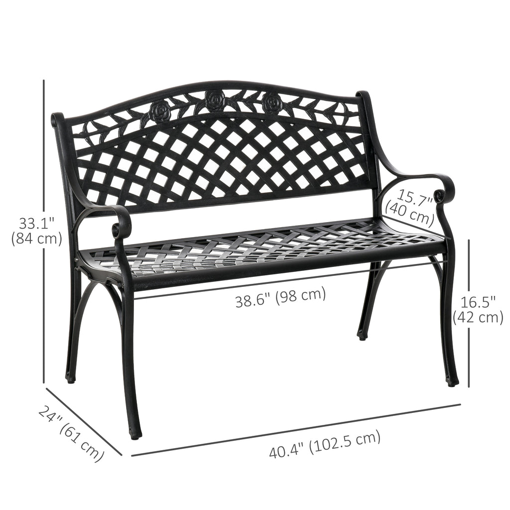 Outdoor Garden Bench, 40" Patio Bench with Aluminum Frame and Armrests, 2-Person Patio Loveseat with Floral Pattern for Park, Porch, Yard, Lawn, 485 LBS Capacity