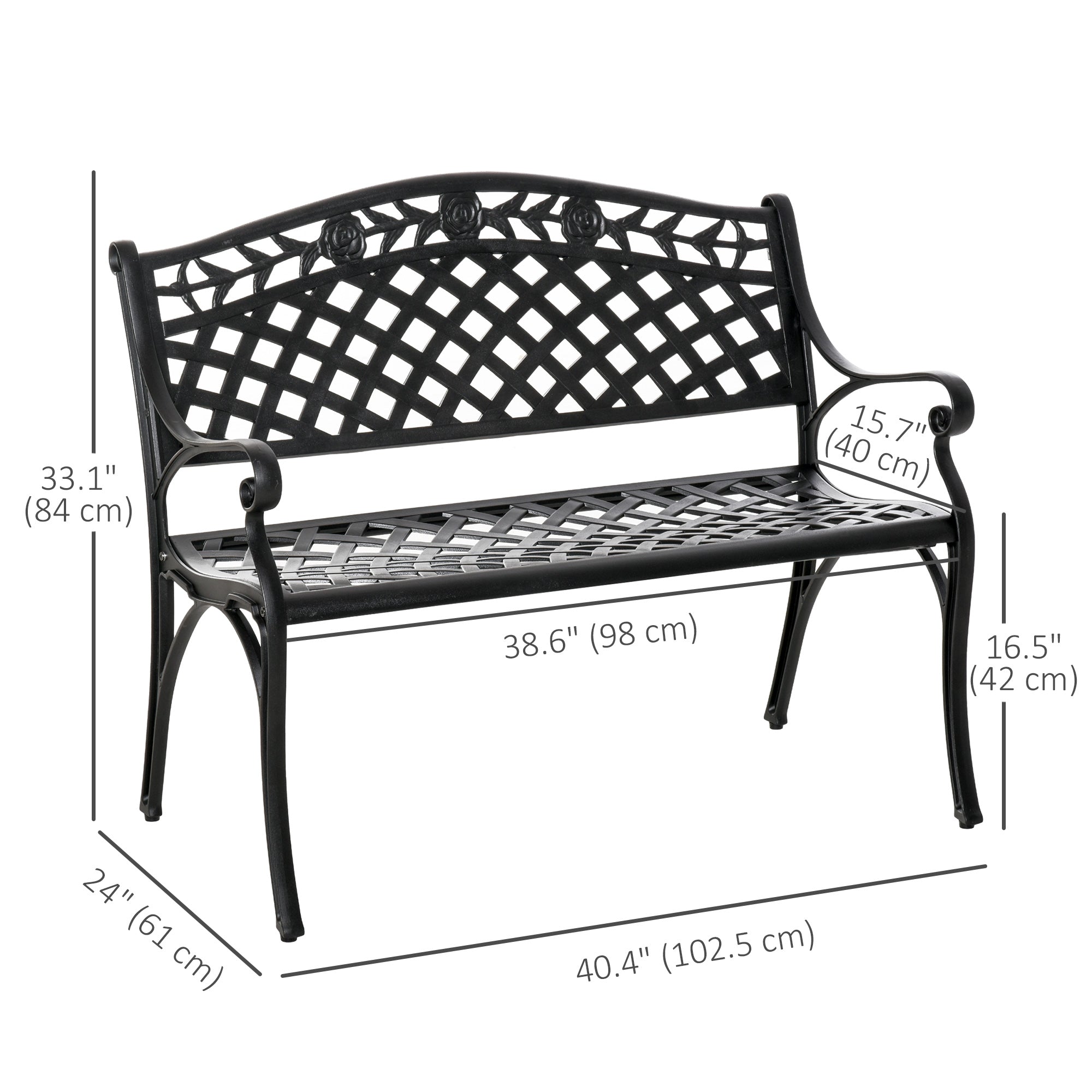 Outdoor Garden Bench, 40" Patio Bench with Aluminum Frame and Armrests, 2-Person Patio Loveseat with Floral Pattern for Park, Porch, Yard, Lawn, 485 LBS Capacity