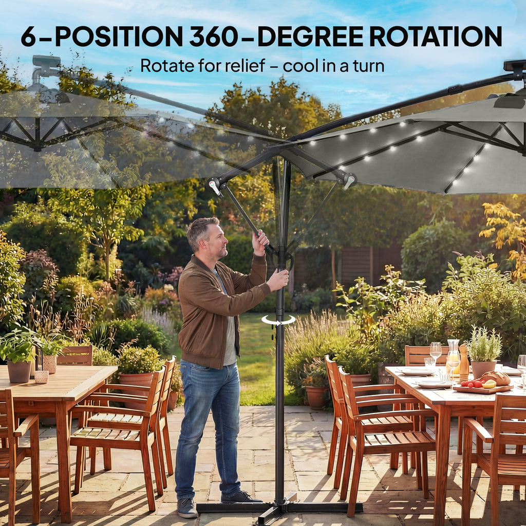 9.7 ft Cantilever Patio Umbrella with Solar Light, Garden Hanging Parasol with Cover, Tilt, Crank, Grey
