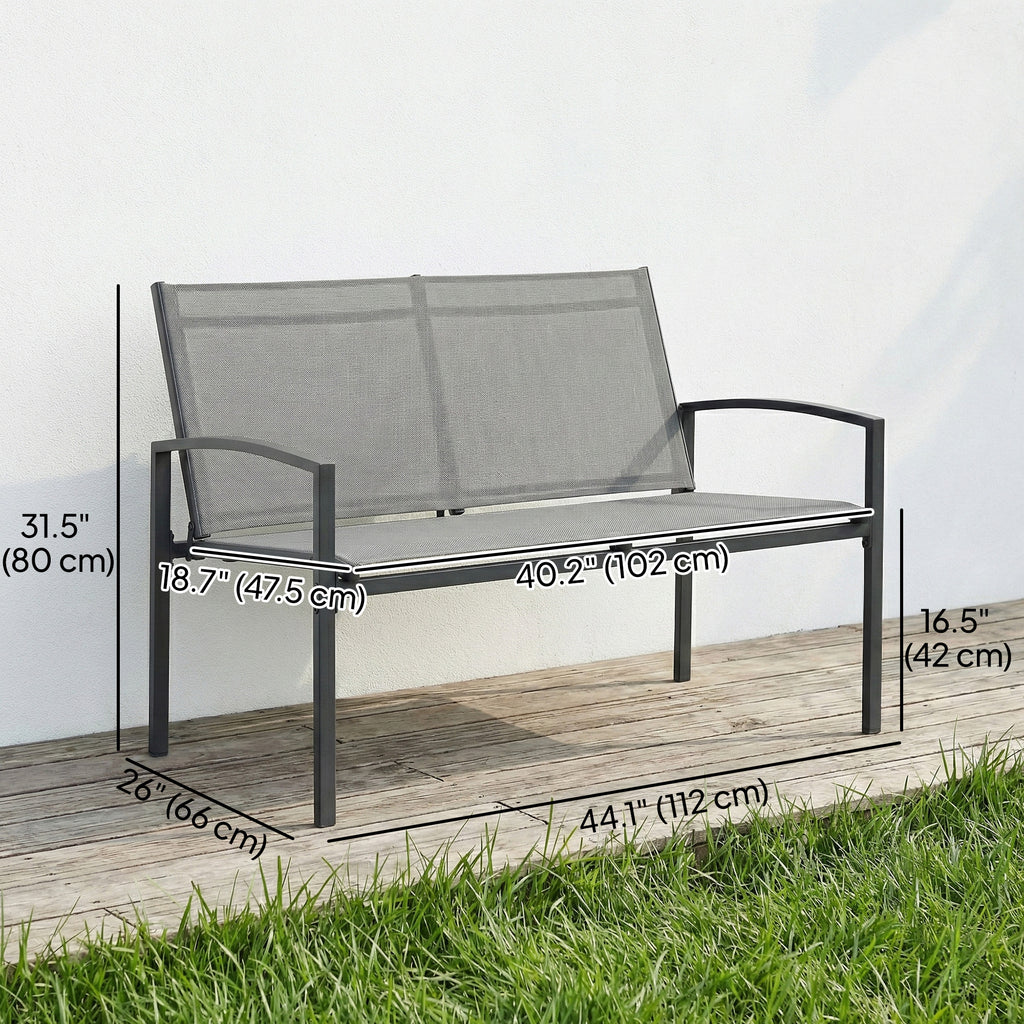 Outdoor Garden Bench, 44 in Metal Patio Garden Park Bench with Breathable Mesh Fabric, 528 lb Load Capacity, Grey