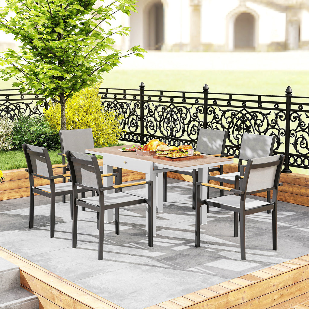 Extendable Patio Dining Table, Aluminum Frame Outdoor Patio Table with Faux Wood Top for Garden Backyard, Natural Wood