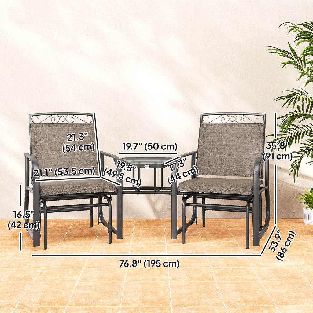 Outdoor Glider Bench with Coffee Table, Patio 2-Seat Rocking Chair Swing Loveseat with Breathable Sling for Backyard Garden Porch, Brown