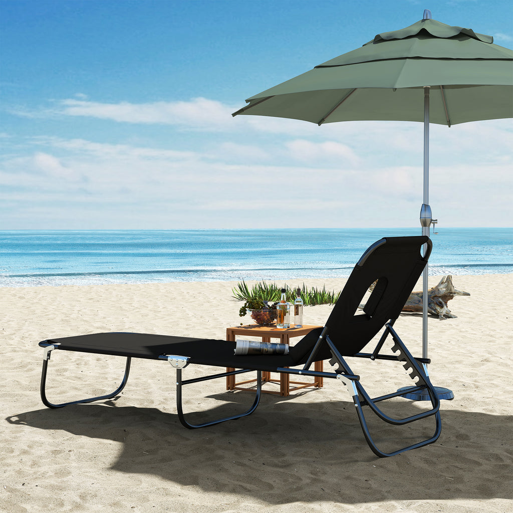 Folding Outdoor Lounge Chair, Portable Reclining Beach Lounger with Face Hole, Detachable Pillow, 4-Position Adjustable Backrest, For Patio, Garden, Poolside, Black