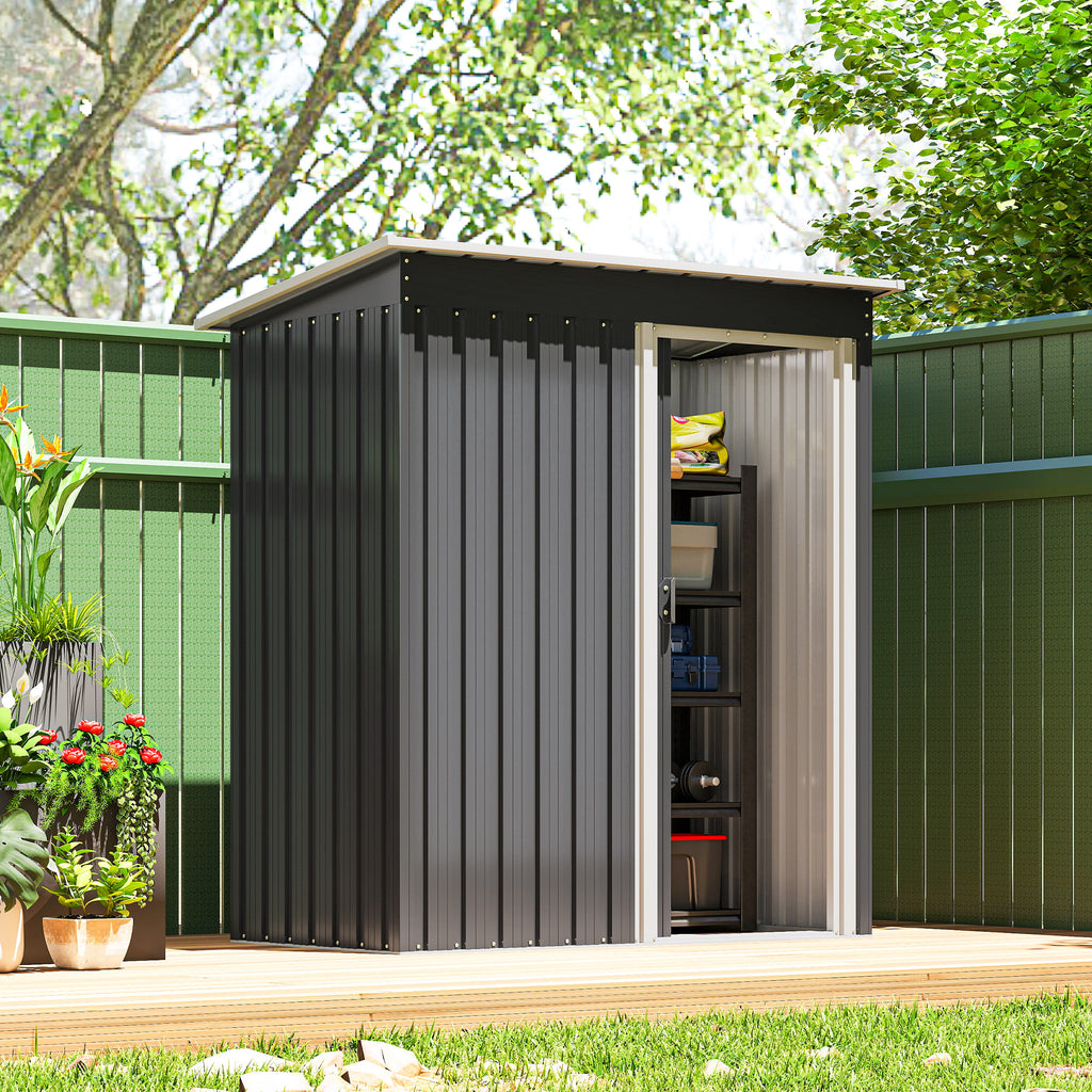5 x 3 FT Outdoor Storage Shed with Sliding Door and Sloped Roof, Steel Frame Garden Shed Tool Equipment, Black