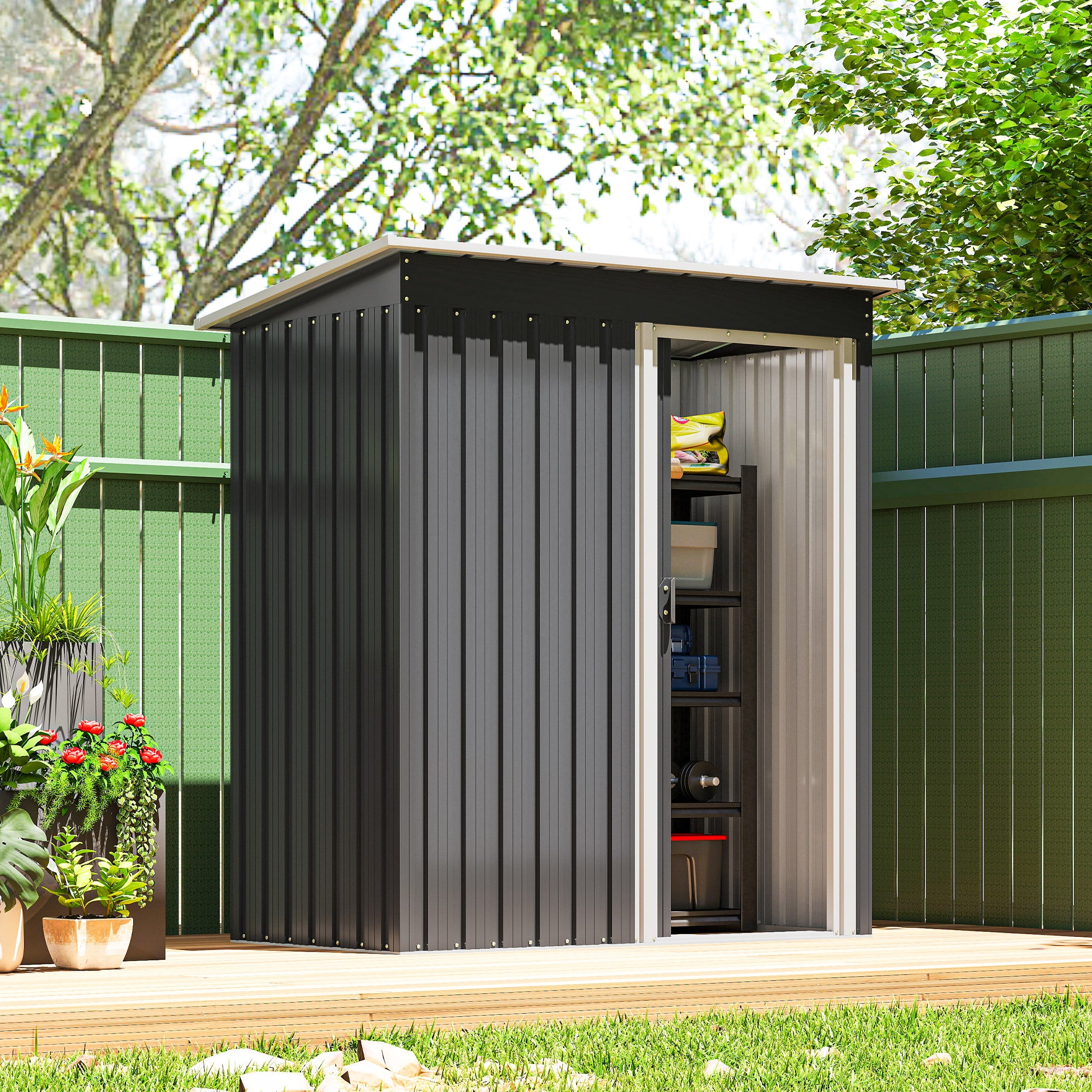 5 x 3 FT Outdoor Storage Shed with Sliding Door and Sloped Roof, Steel Frame Garden Shed Tool Equipment, Black