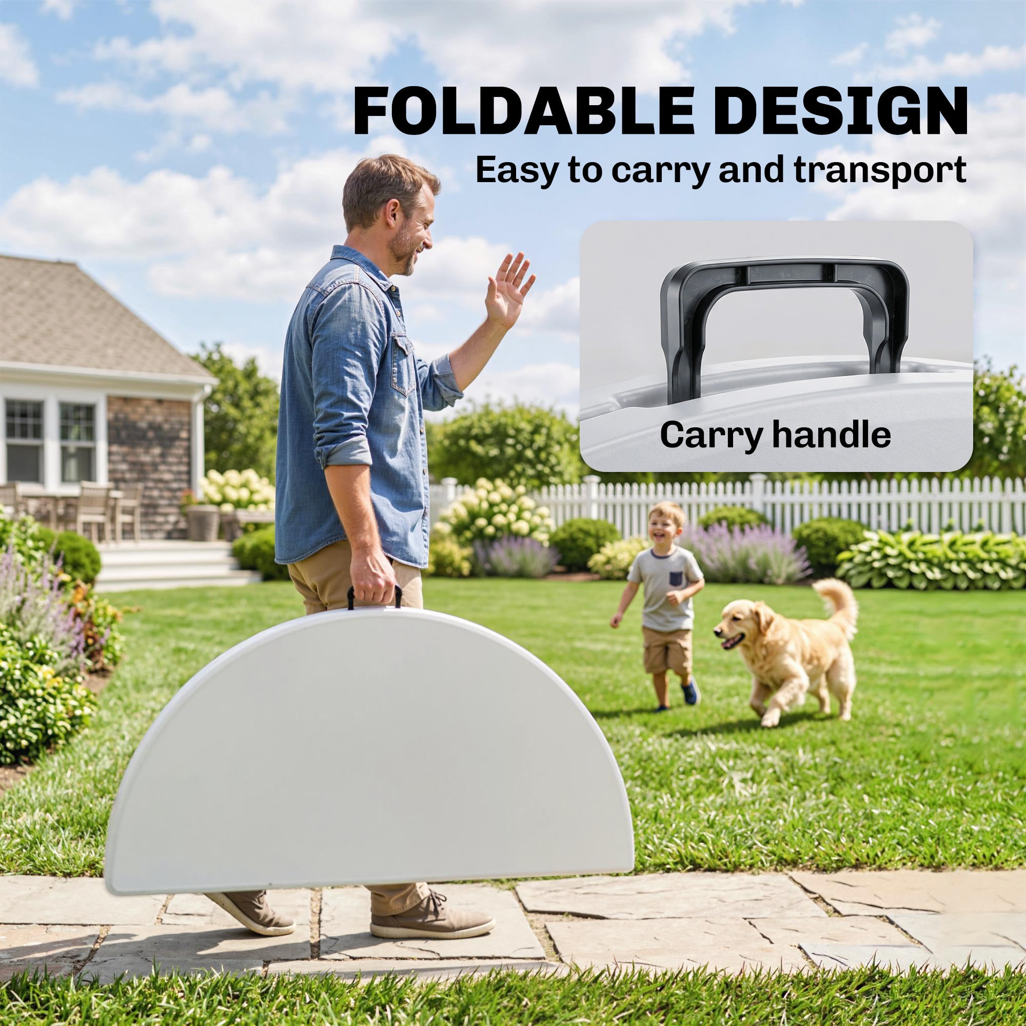 Î¦48" Folding Patio Table, Outdoor HDPE Picnic Table, Card Table for 6, Round Folding Banquet with Metal Frame, White