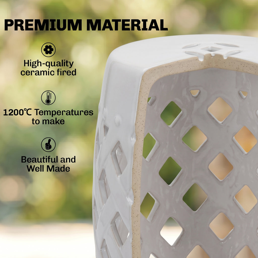 12.4" x 17.9" Ceramic Garden Stool with Woven Lattice Design, Indoor & Outdoor Decorative Accent Stool, White