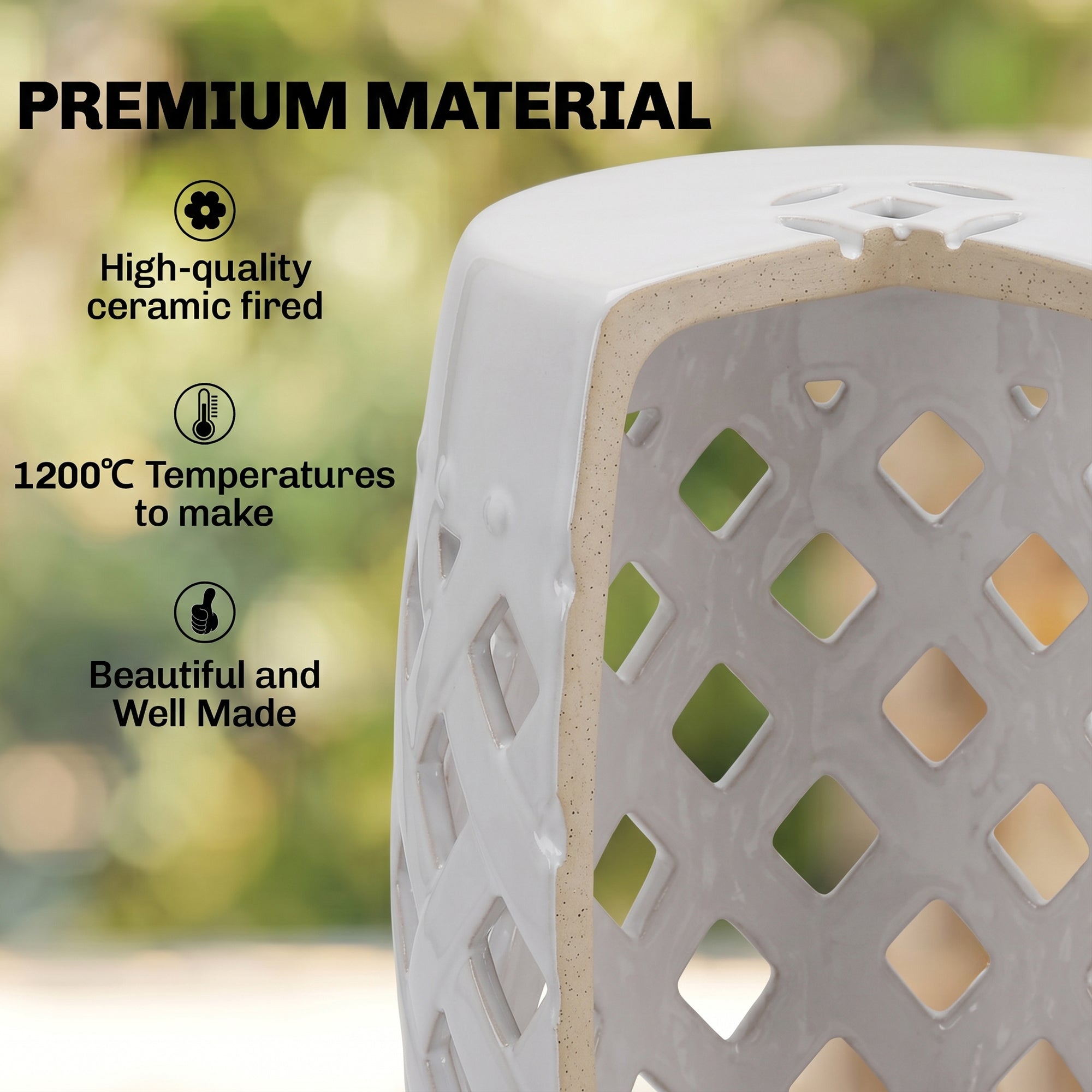 12.4" x 17.9" Ceramic Garden Stool with Woven Lattice Design, Indoor & Outdoor Decorative Accent Stool, White