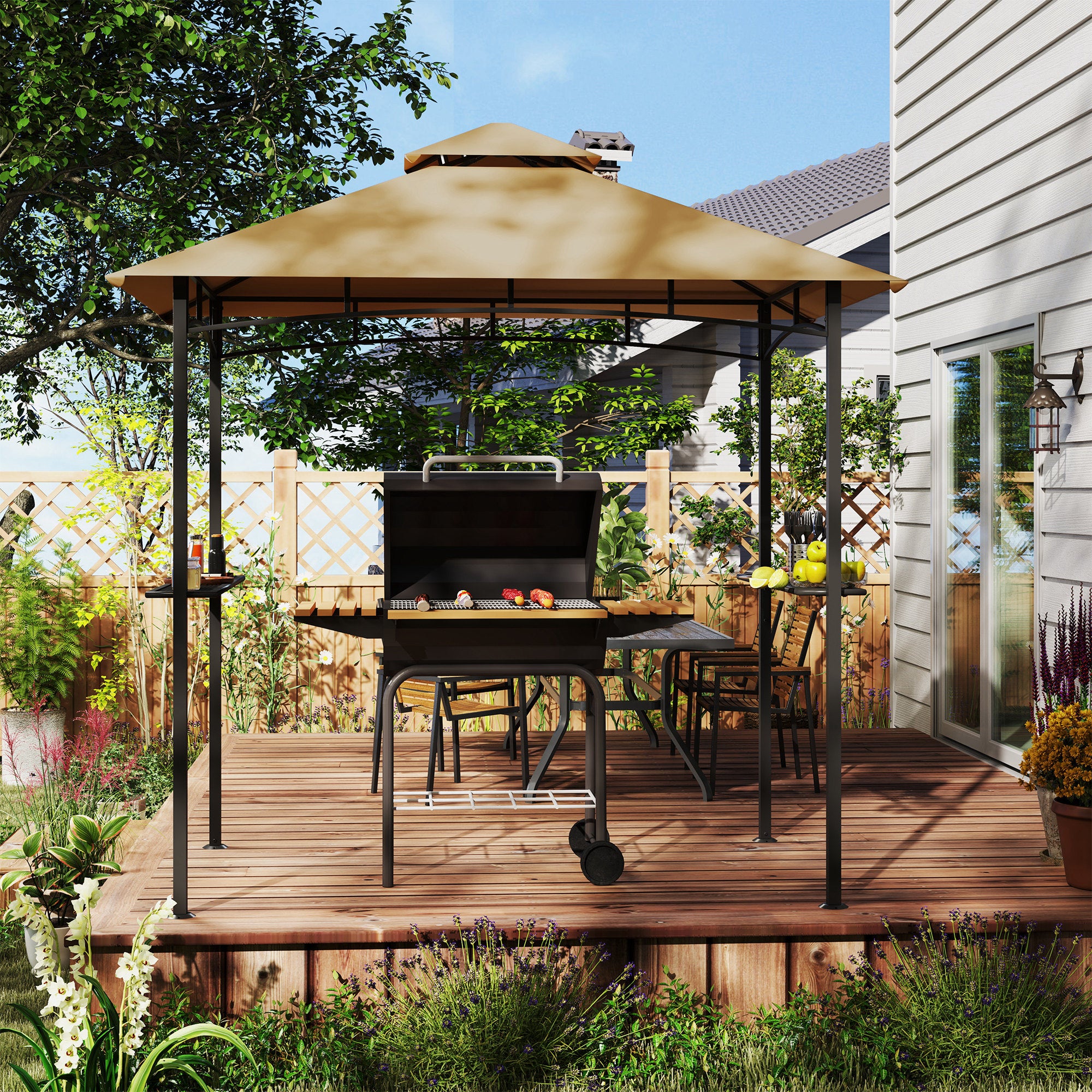 8' x 5' BBQ Grill Gazebo Tent with Double Tiered Canopy for Outdoor Sun Shade,  Khaki