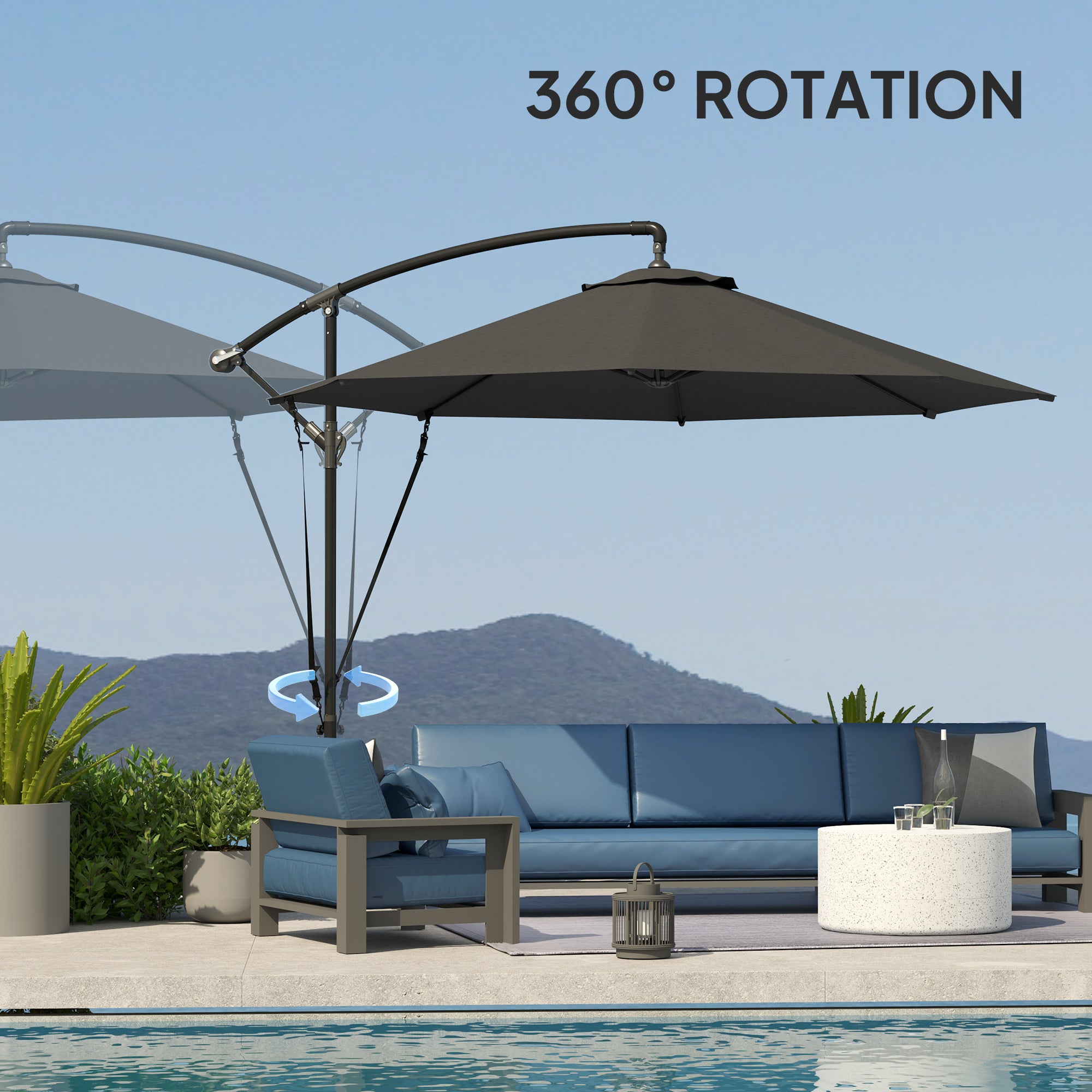 9.5' Cantilever Umbrella with Wind Protection Strap and Cover, Hanging Umbrella with Crank and Cross Base, UPF 50+, Grey