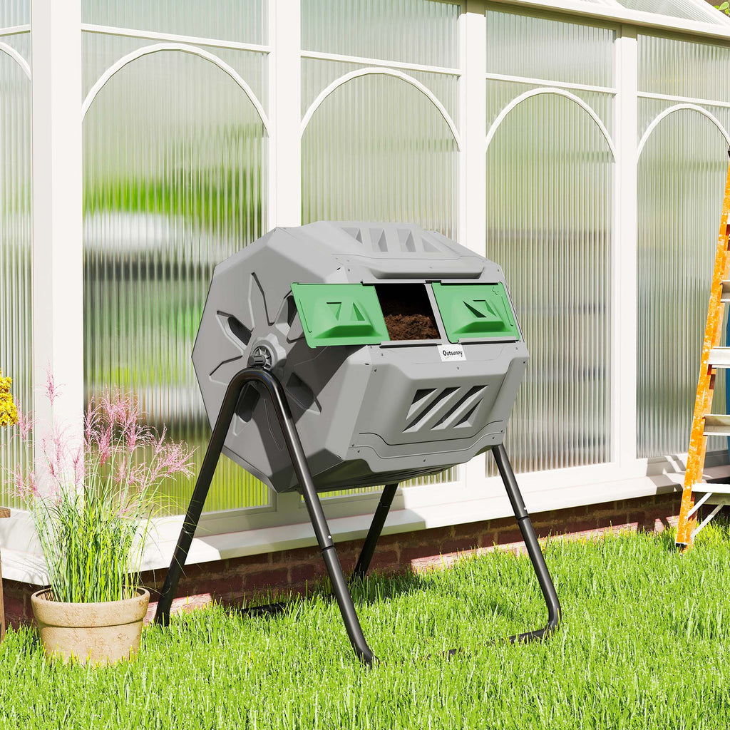 Tumbling Compost Bin Outdoor Dual Chamber 360Â° Rotating Composter 43 Gallon with Sliding Doors, Dark Green
