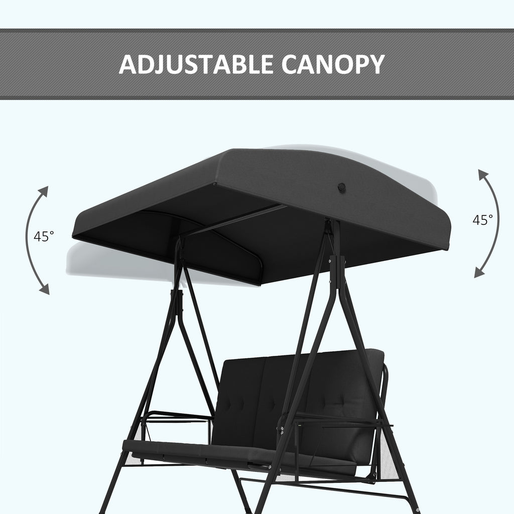 3-Seat Outdoor Porch Swing Patio Swing with Adjustable Canopy, Side Tray, Removable Cushion for Garden, Poolside, Grey