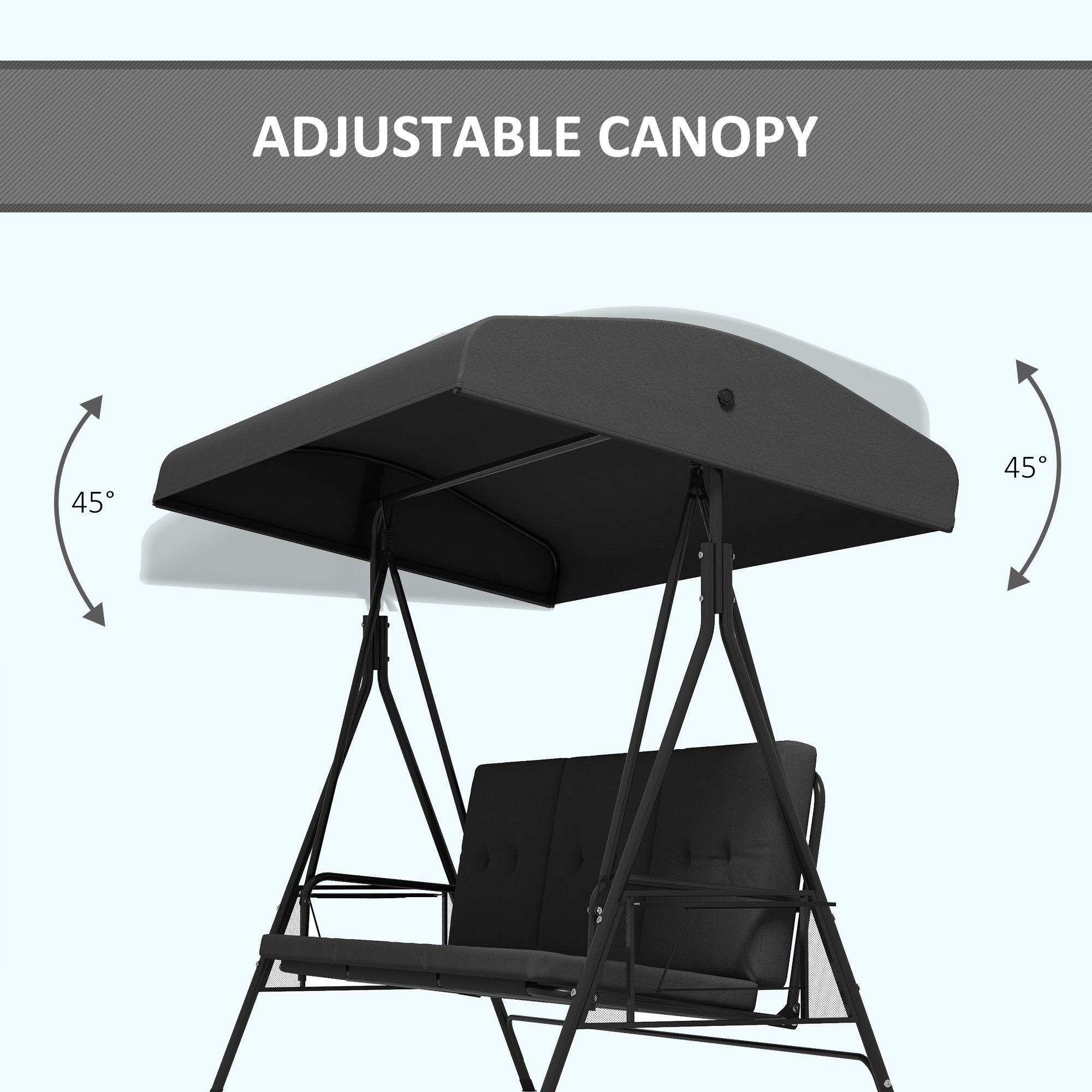3-Seat Outdoor Porch Swing Patio Swing with Adjustable Canopy, Side Tray, Removable Cushion for Garden, Poolside, Grey