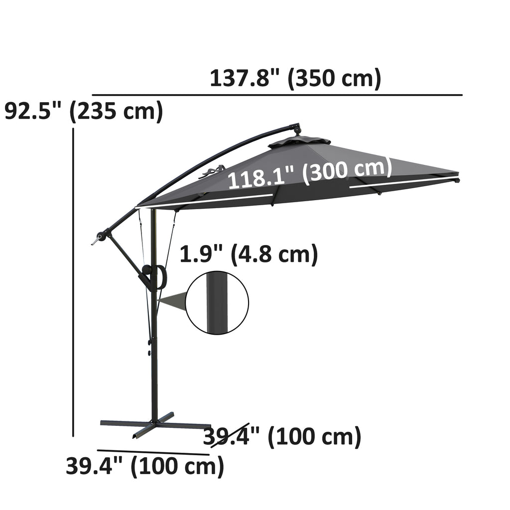 118.1" Patio Offset Umbrella with Cover and Wind Protection Strap,with Crank Handle and Tilt, UPF50+, Grey