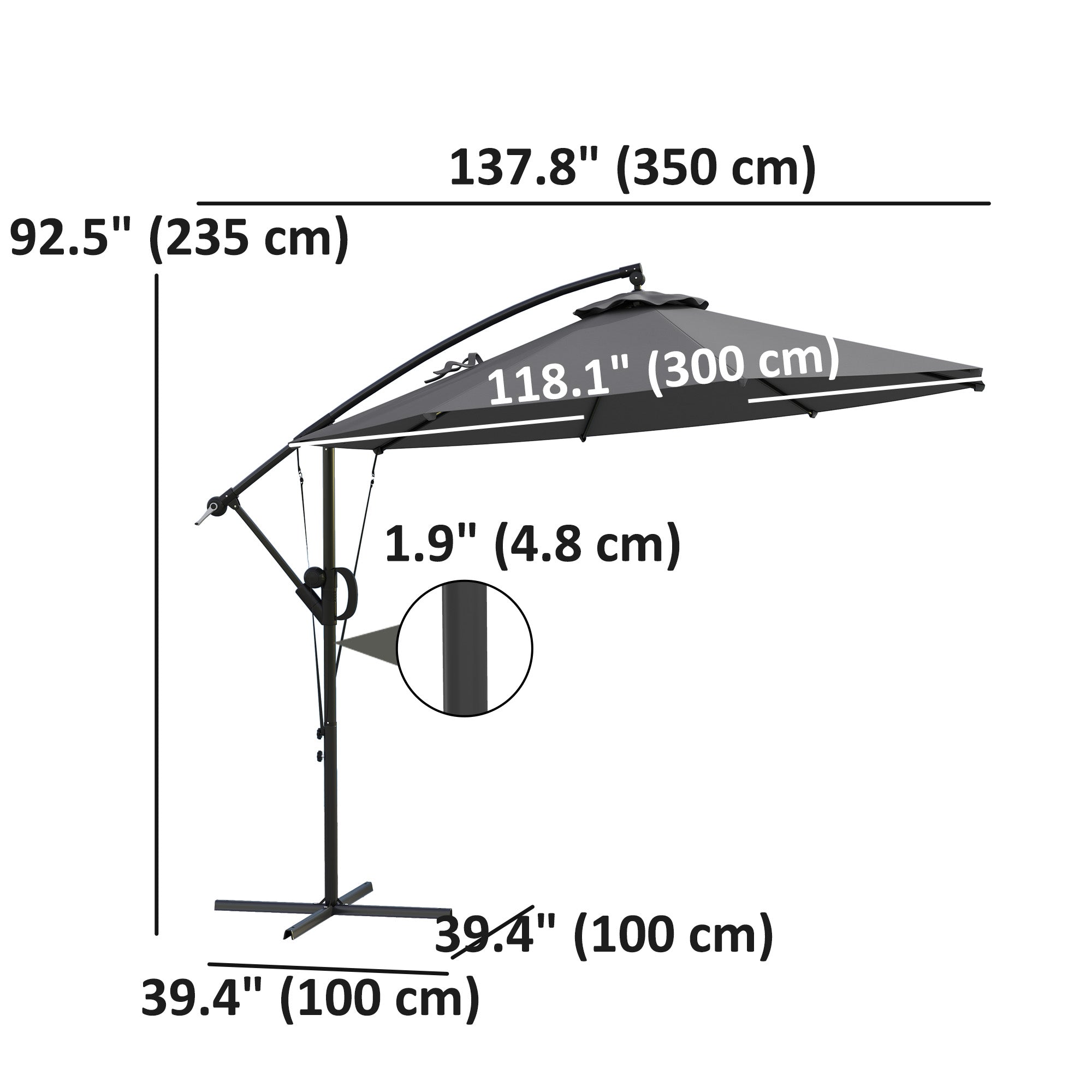 118.1" Patio Offset Umbrella with Cover and Wind Protection Strap,with Crank Handle and Tilt, UPF50+, Grey