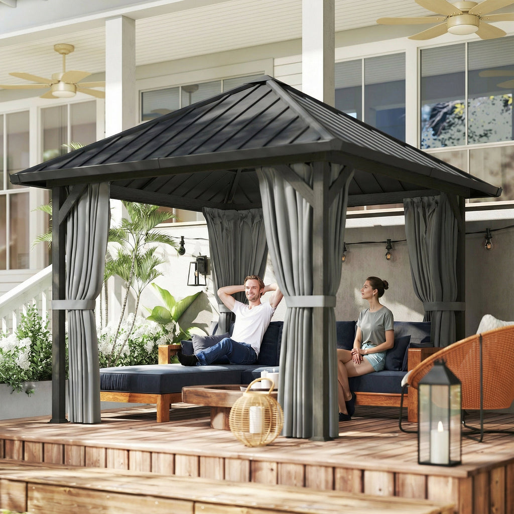 10' x 10' Hardtop Gazebo with Galvanized Steel Roof, Permanent Garden Gazebo with Netting and Curtains