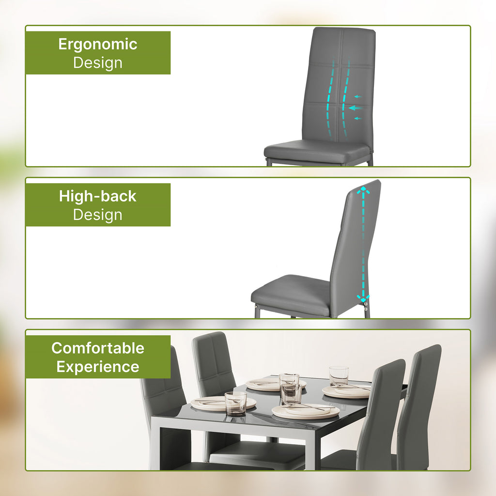 5-Piece Rectangular Glass Kitchen Table and Chairs with Metal Frame and Faux Leather Upholstery for Dining Room, Grey