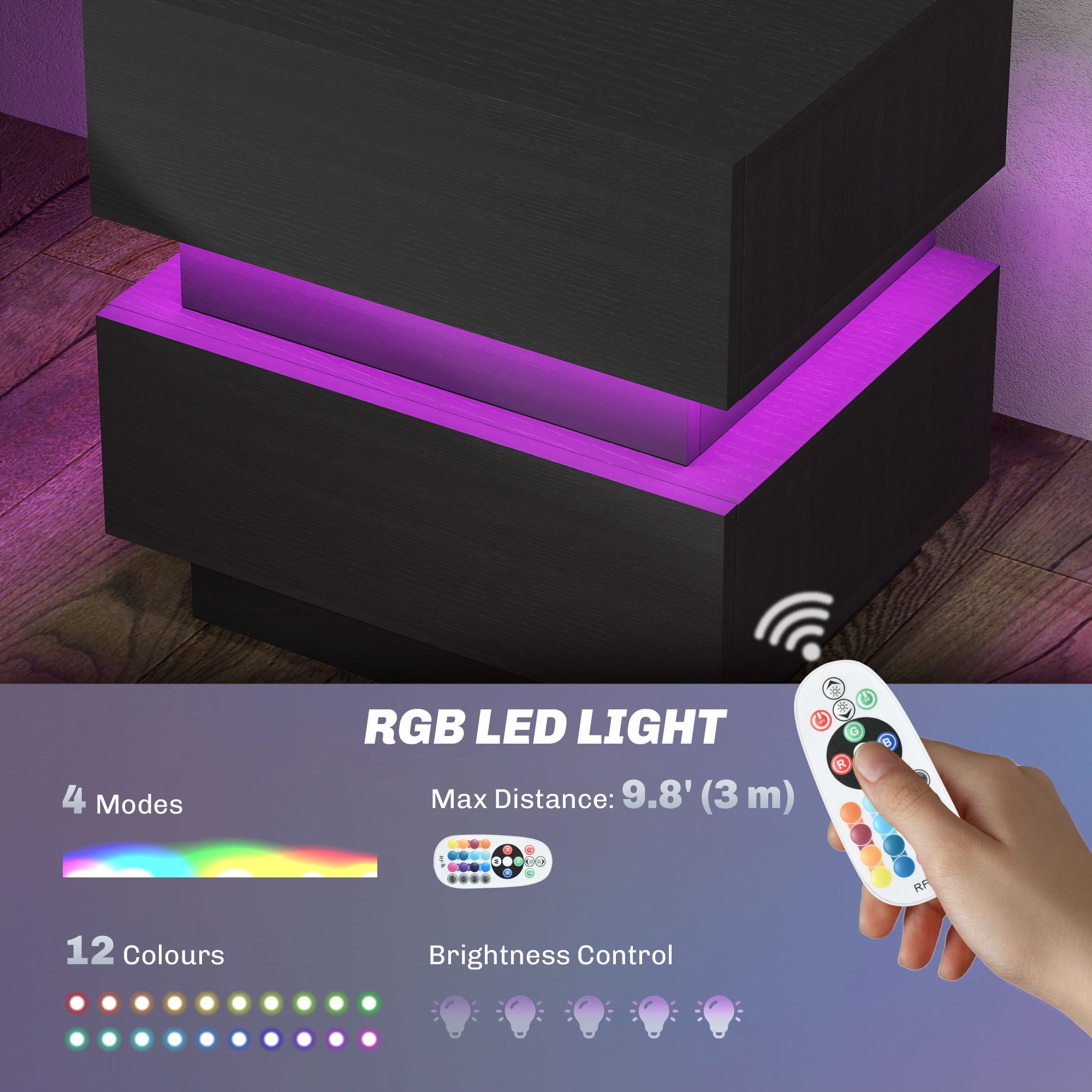 Bedside Table with Charging Station and LED Light Modern Nightstand with USB Ports AC Outlets Drawers Remote, Black
