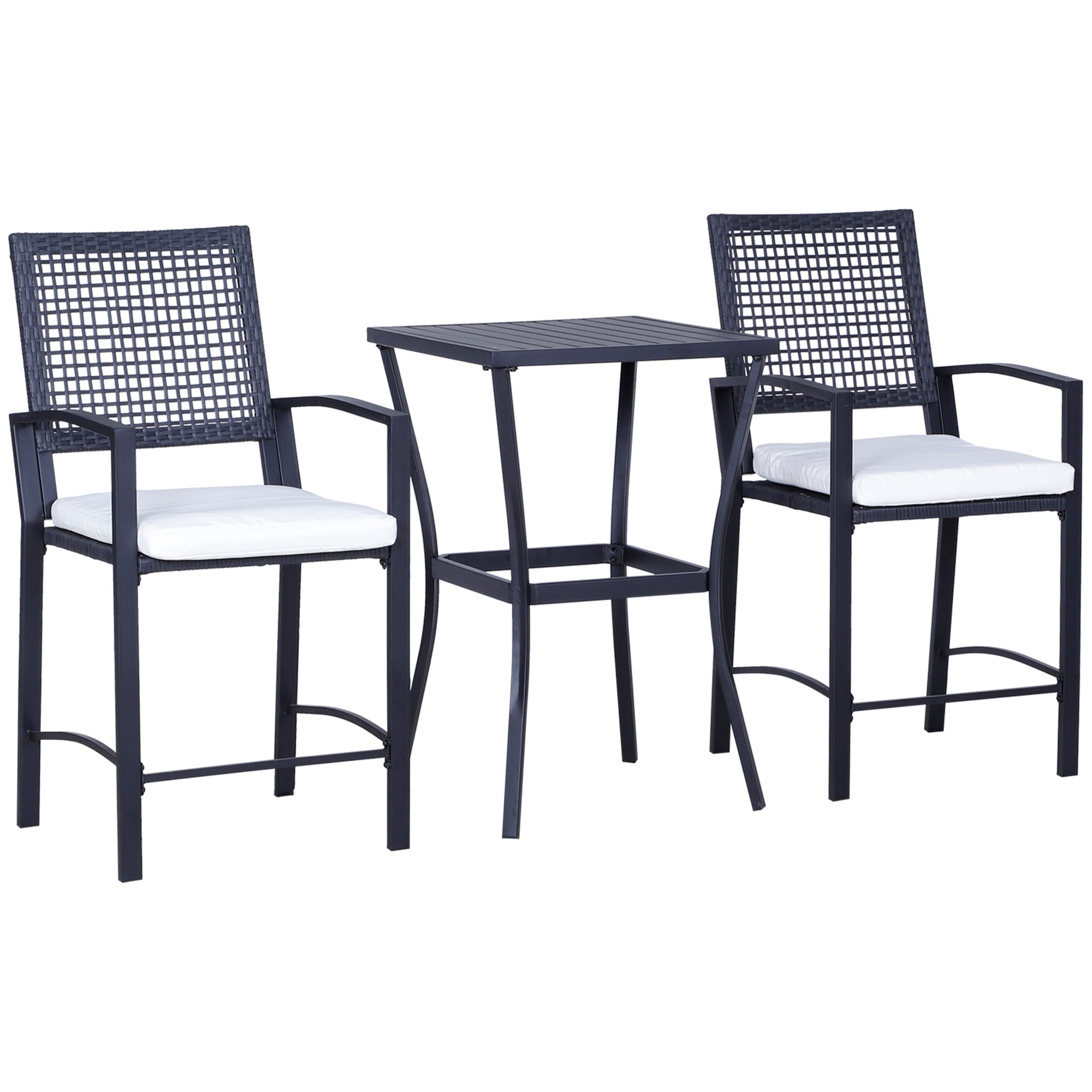 3 Pieces Outdoor Wicker Bar Set, Classic Bistro Bar Set Garden Rattan Style Patio Bar Table & High Chairs w/ Cushions Home Bar Furniture, Cream White