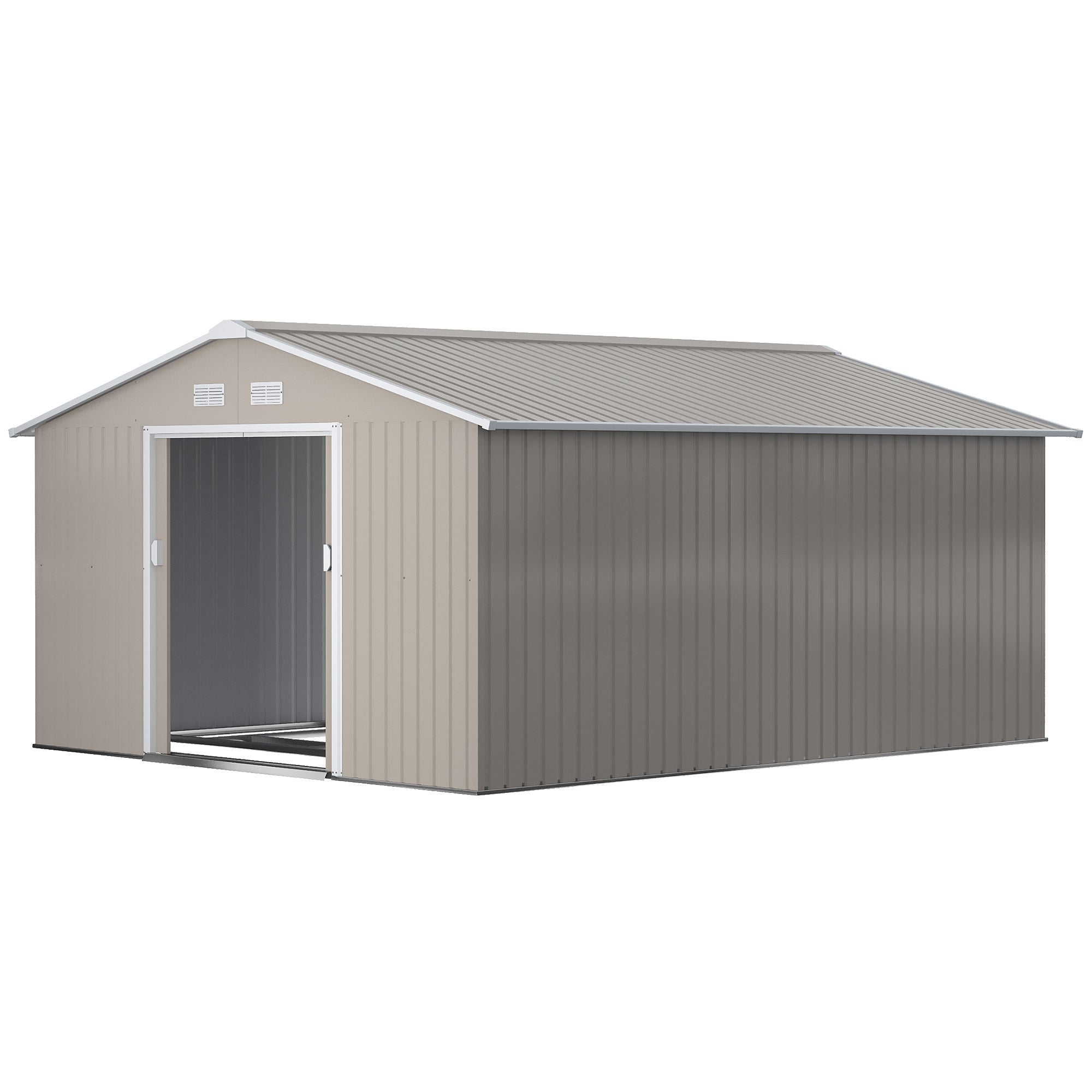 11' x 13' Practical Backyard Garden Storage Tool Shed Double Sliding Door 4 Ventilation Slots, Light Grey
