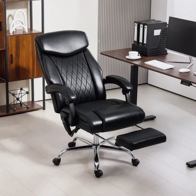 Black computer office chair with massage function, adjustable recline, footrest and side pocket