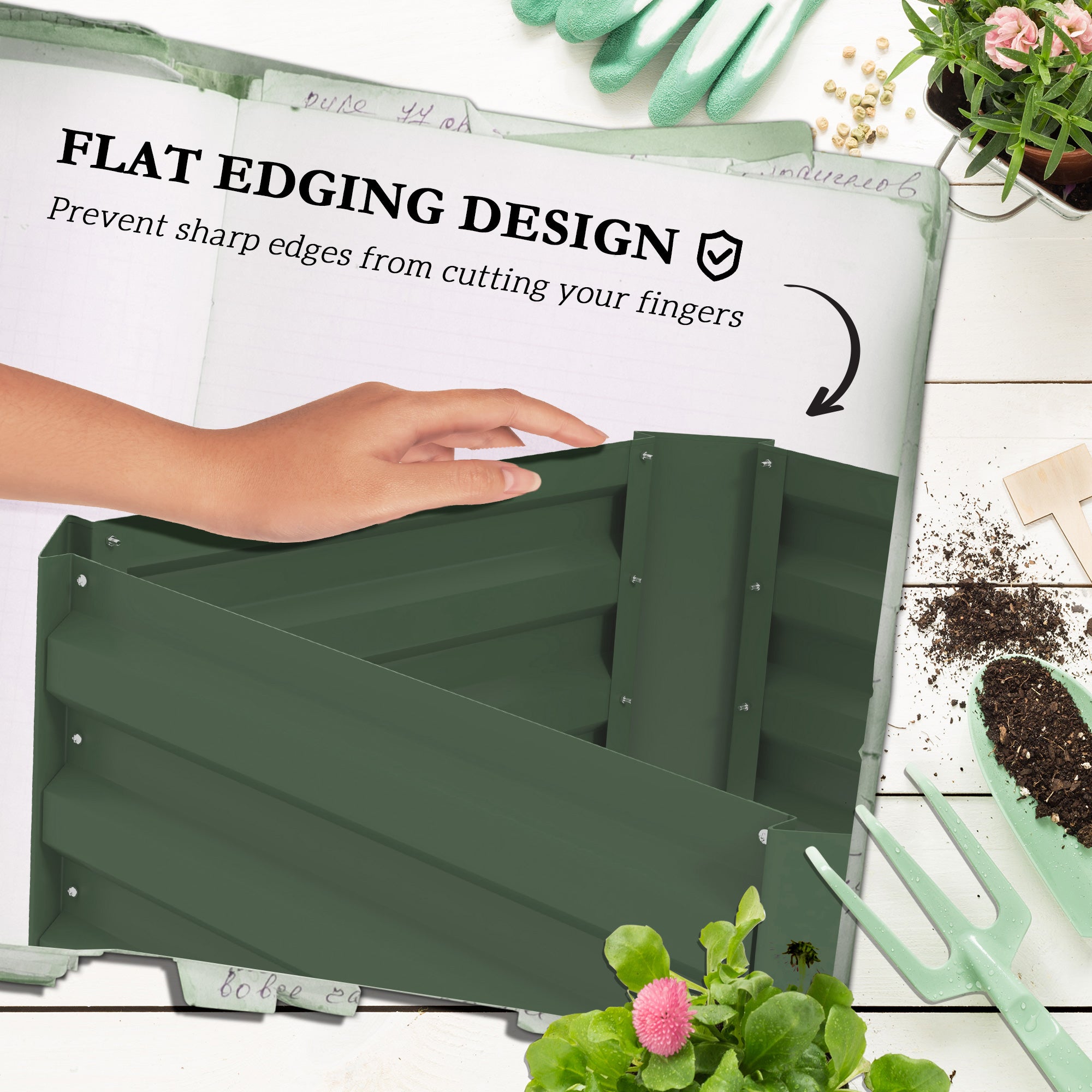 Galvanized Planter Box, Outdoor Raised Garden Bed with 3-Tier Trellis Tomato Cage for Climbing Vines, Vegetables, Green