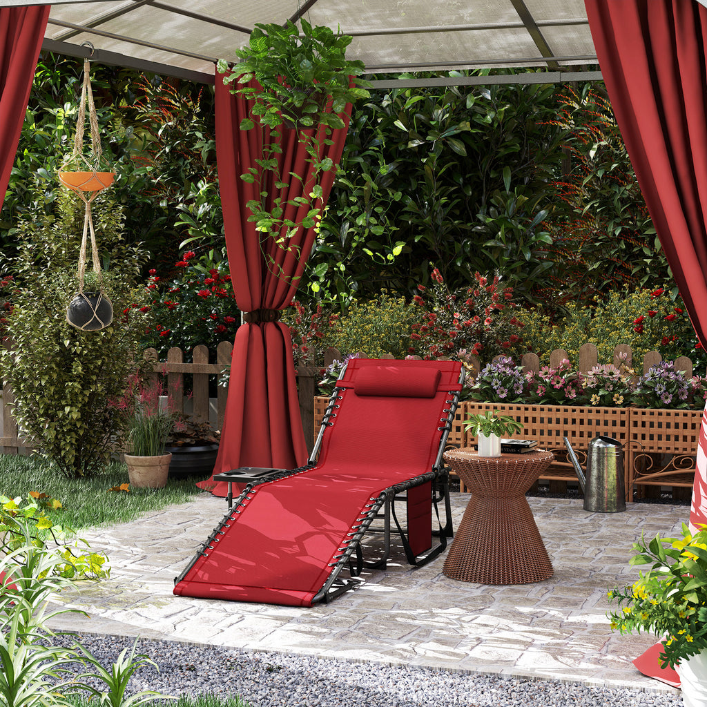 Folding Lounge Chair, Outdoor Chaise Lounge Tanning Chair with Adjustable Back, Side Table, Headrest, Red