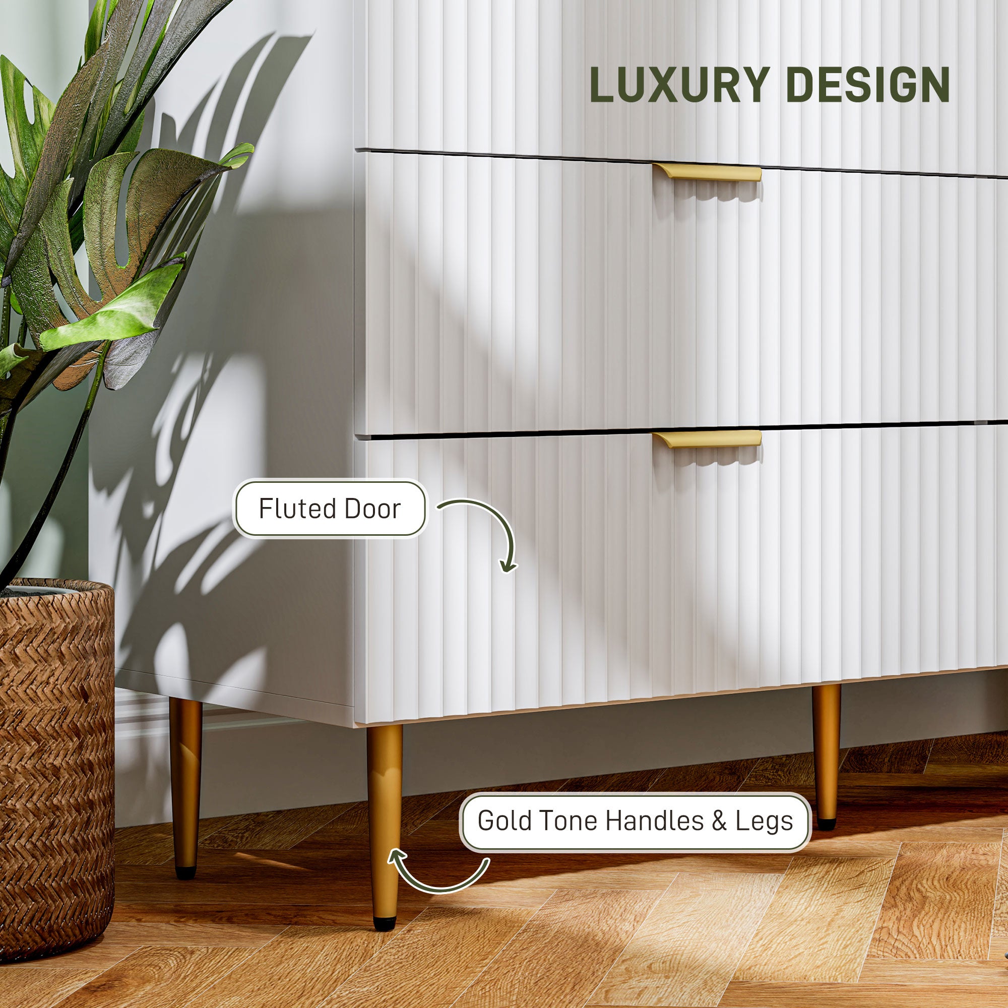 Modern Chest of Drawers 6 Drawer Dresser for Bedroom with Gold Legs and Handles, White