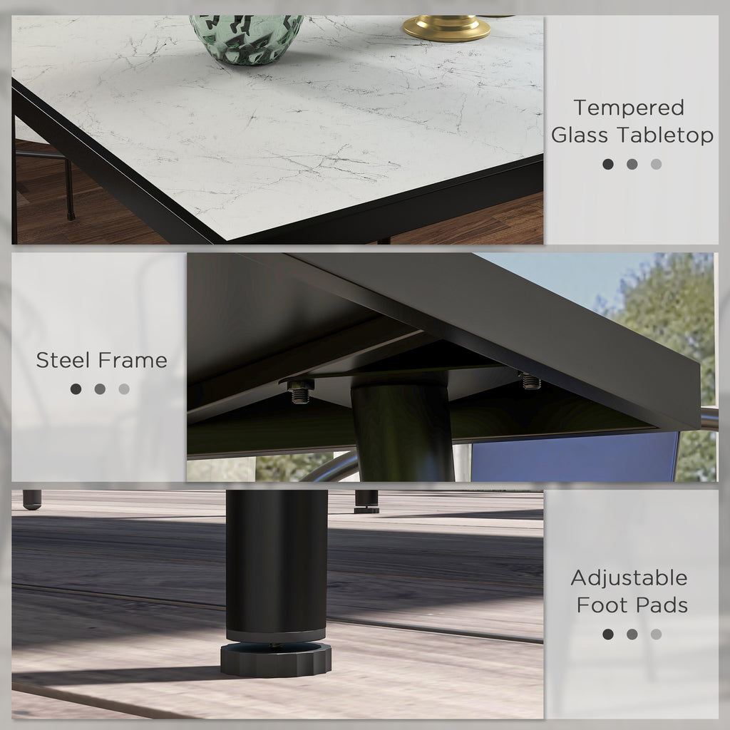 Outdoor Dining Table for 4, Square Patio Dining Table with Marble Effect Tempered Glass Top and Steel Frame, White