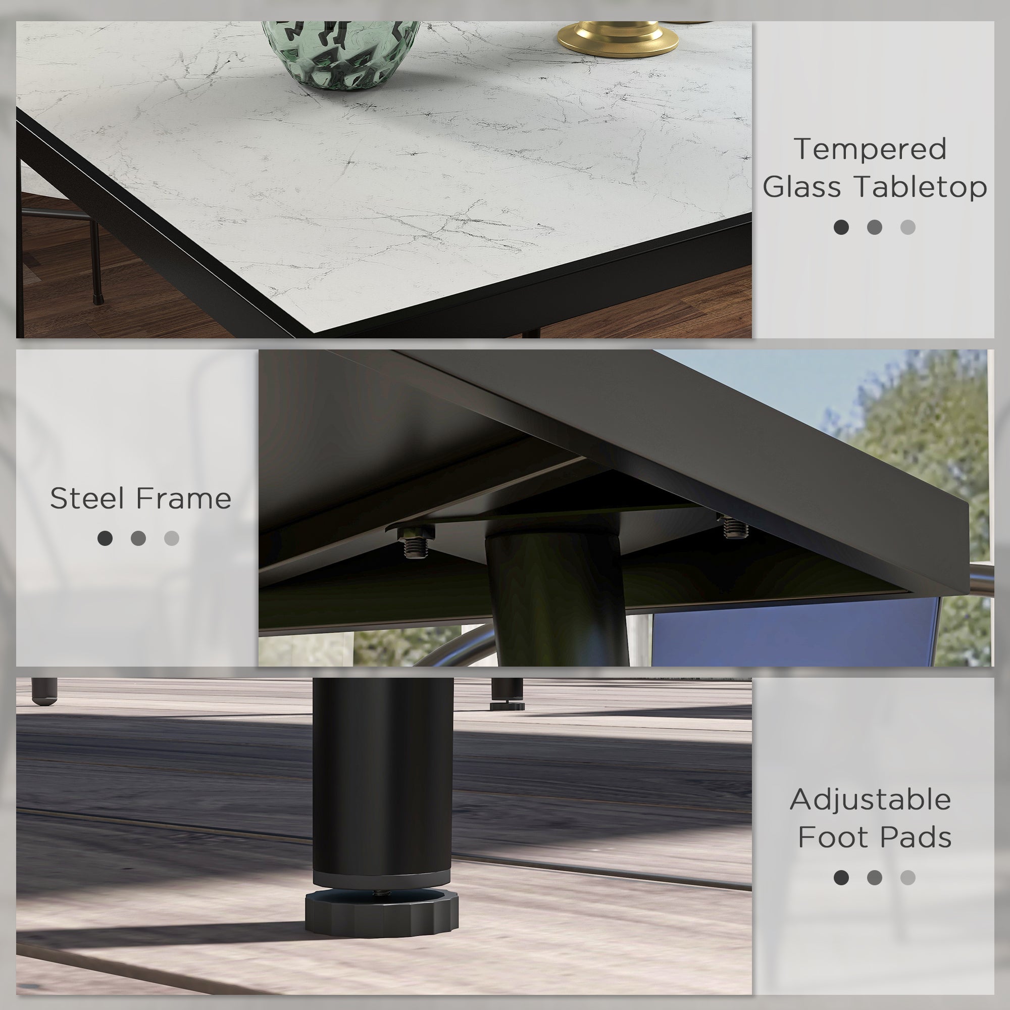 Outdoor Dining Table for 4, Square Patio Dining Table with Marble Effect Tempered Glass Top and Steel Frame, White