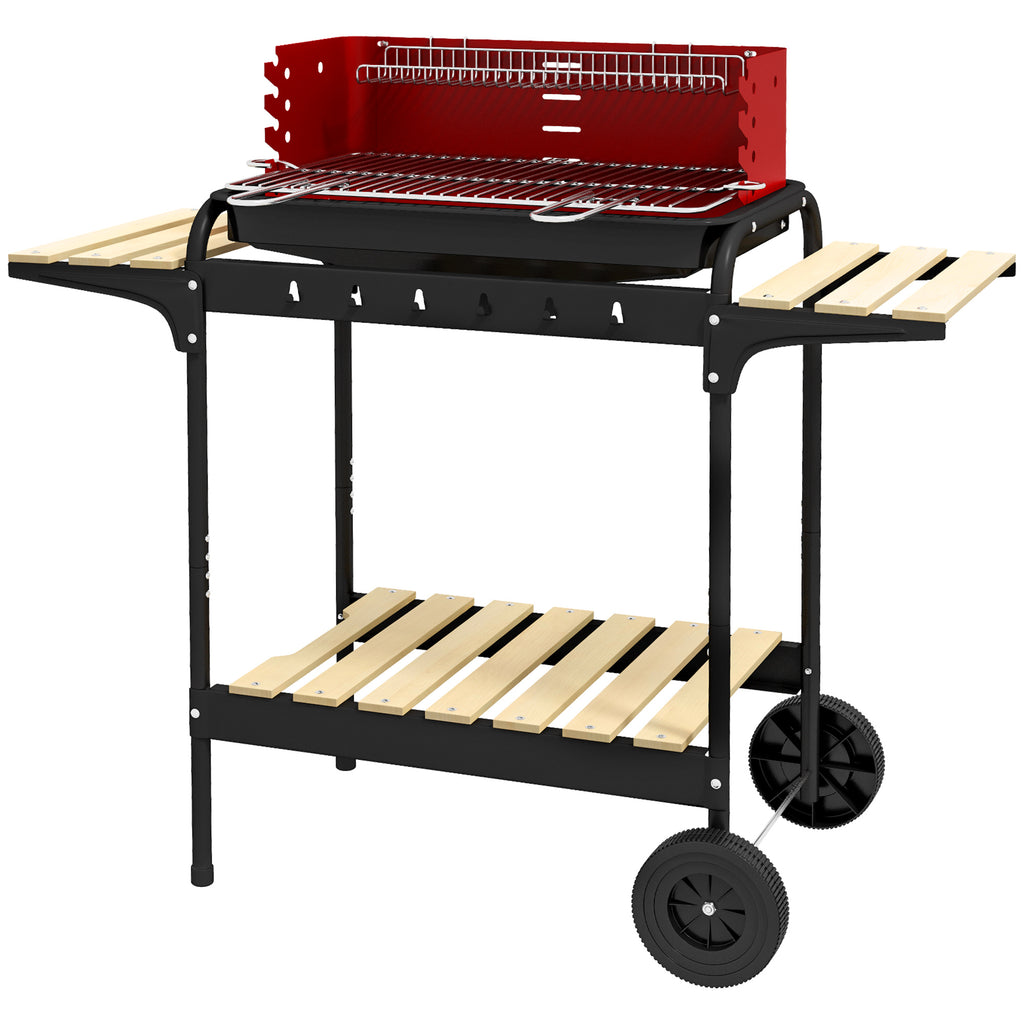 Charcoal Barbecue Grill with Adjustable Grill Height, Portable BBQ Trolley with Ash Catcher and Wheels, Red