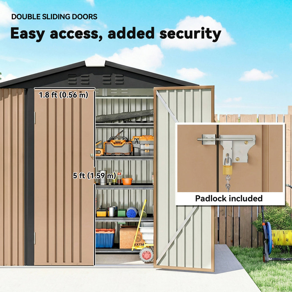 6.5' x 4'  Outdoor Storage Shed, Metal Garden Shed with Lockable Double Doors, 4 Vents, Brown
