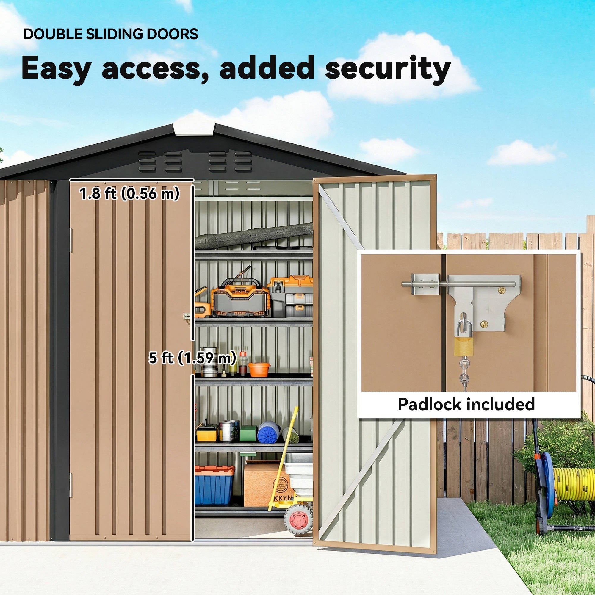 6.5' x 4'  Outdoor Storage Shed, Metal Garden Shed with Lockable Double Doors, 4 Vents, Brown