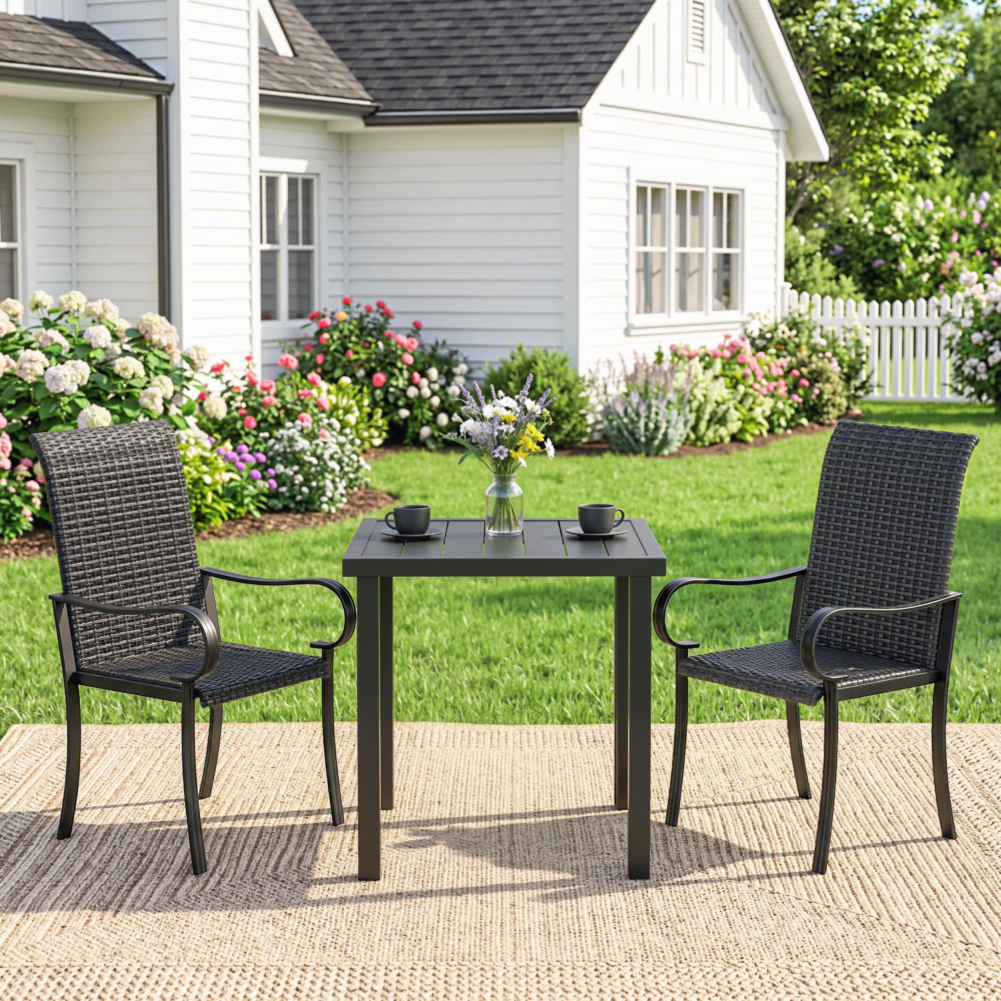 2 Piece PE Rattan Patio Dining Chairs with Steel Frame,  for Garden, Backyard, Pool Side, Porch, Black