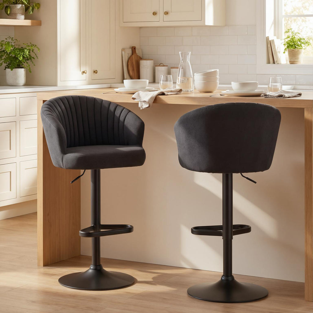 Adjustable Bar Stools Set of 2, Upholstered Kitchen Stools with Swivel Seat, Steel Frame, Footrest, â€ŽBlack