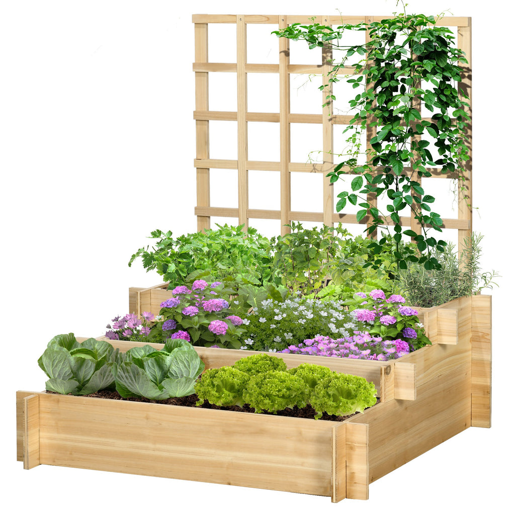 Wooden Elevated Planter Box with Trellis for Climbing Plants, 3 Tier Raised Garden Bed for Garden, Outdoor, Natural