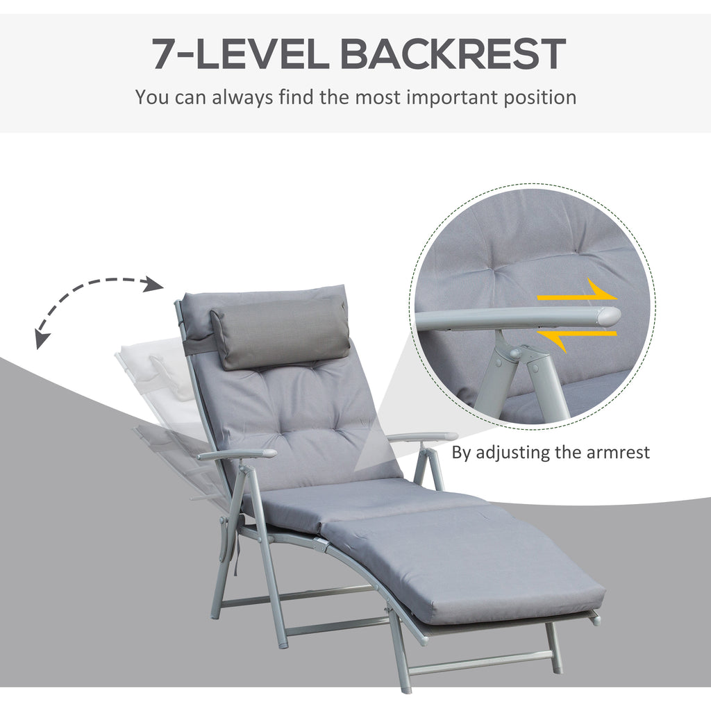 Lounge Chair Outdoor, Folding Patio Chaise Lounger, 360 lbs 7-Position Adjustable Back Outdoor Recliner with Cushion, Headrest for Garden, Backyard, Poolside, Grey