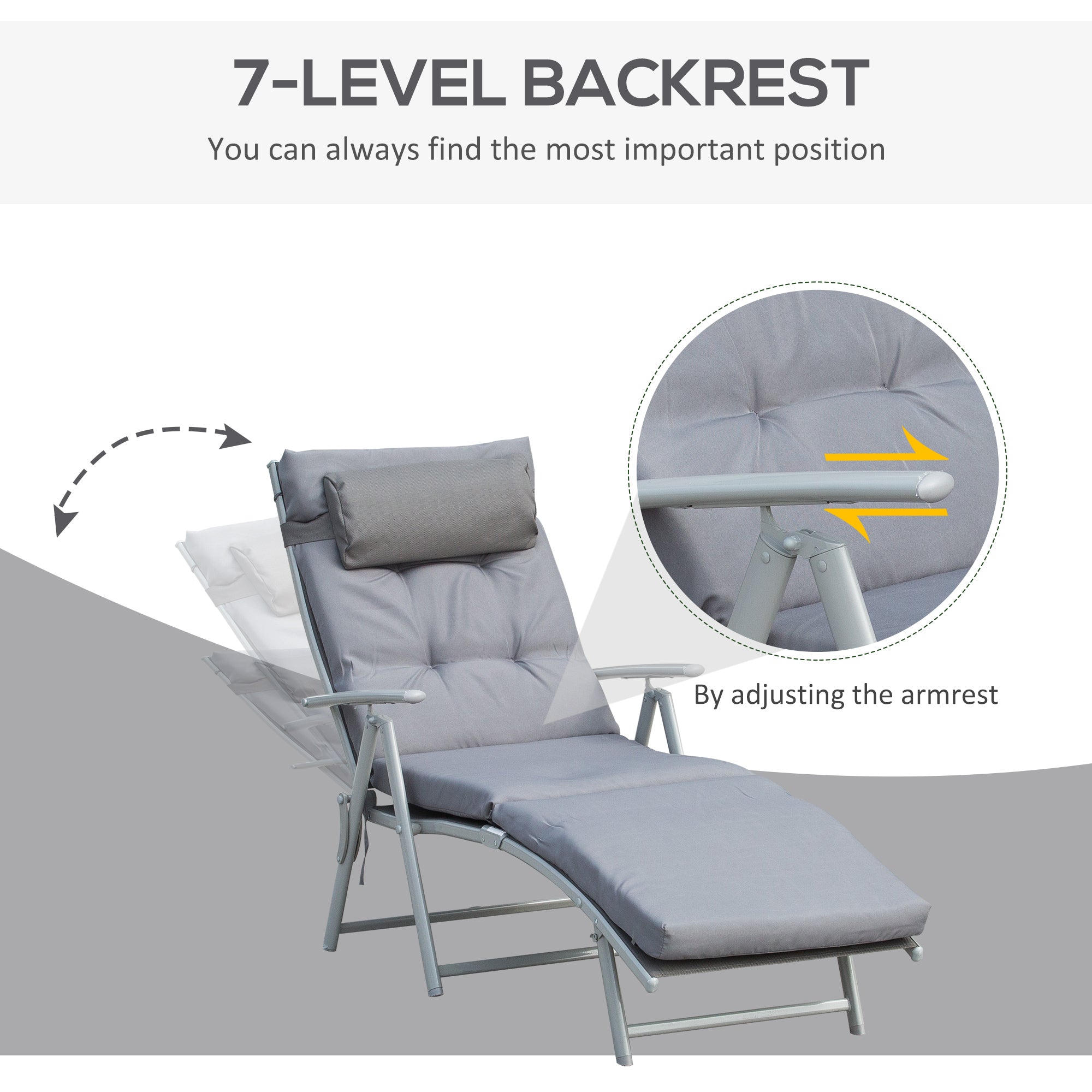 Lounge Chair Outdoor, Folding Patio Chaise Lounger, 360 lbs 7-Position Adjustable Back Outdoor Recliner with Cushion, Headrest for Garden, Backyard, Poolside, Grey