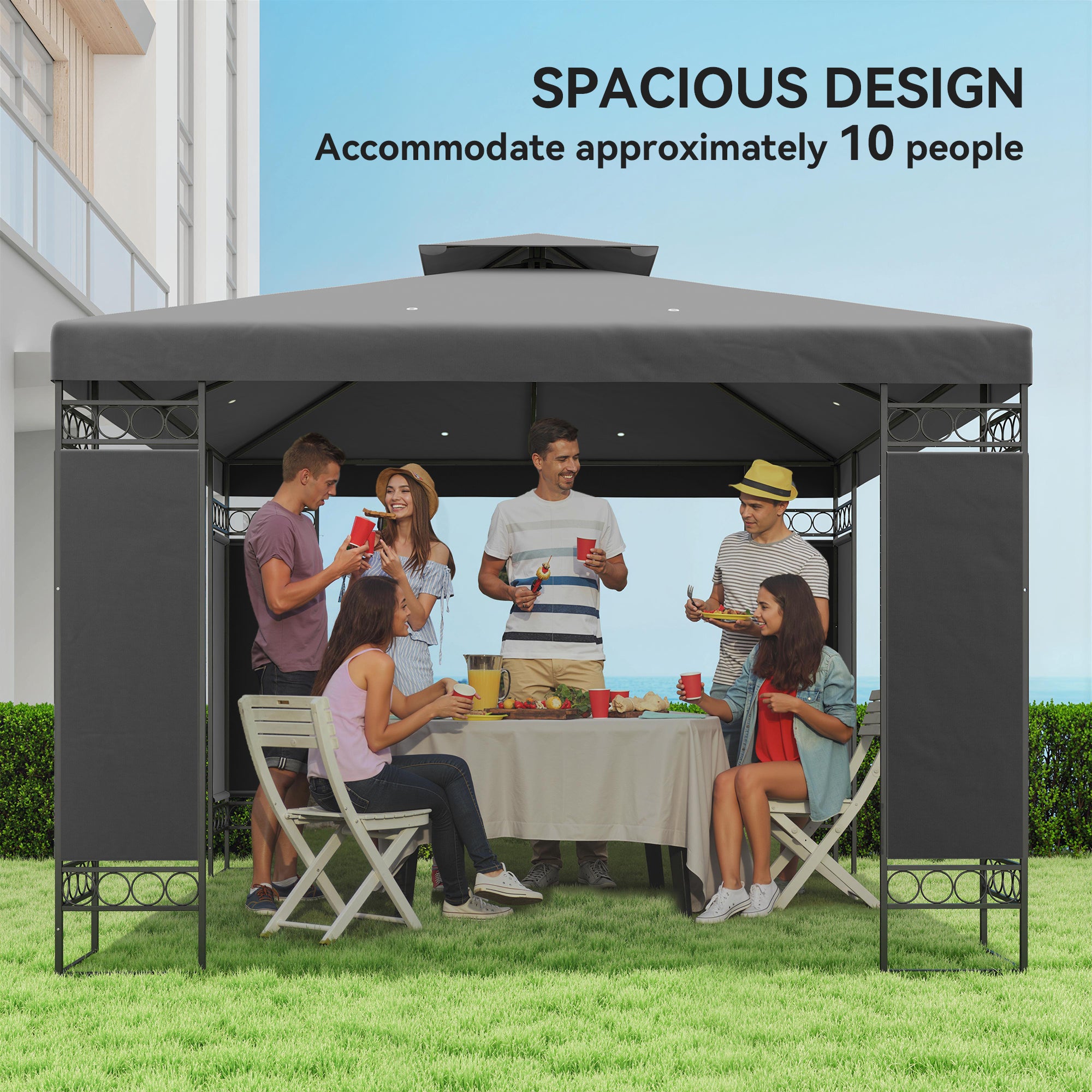 10 x 10 FT Canopy Gazebo, Double Roof Patio Gazebo with Screen Panels and Metal Frame for Deck, Backyard, Dark Grey